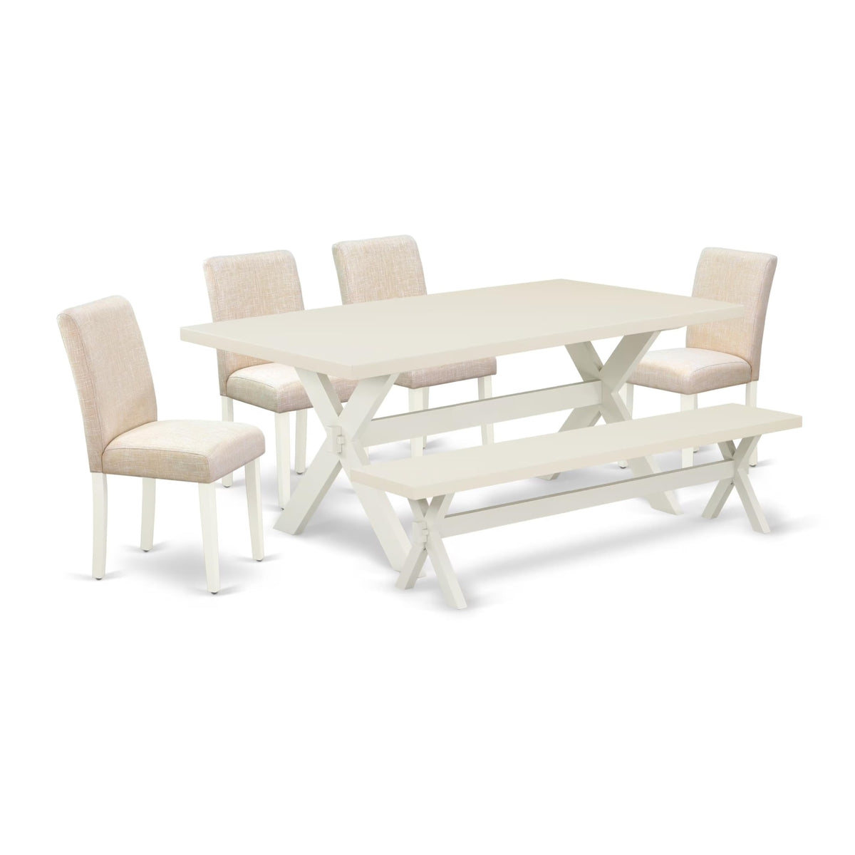 Casafoyer X027Ab202-6 6 Piece Dining Set Contains A Rectangle Dining Room Table With X-Legs And 4 Light Beige Linen Fabric Parson Chairs With A Bench, 40X72 Inch, Multi-Color