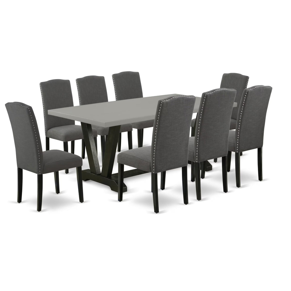 Casafoyer V-Style 9 Piece Modern Set Includes A Rectangle Wooden Table With V-Legs And 8 Dark Gotham Linen Fabric Parson Dining Chairs, 40X72 Inch, Multi-Color