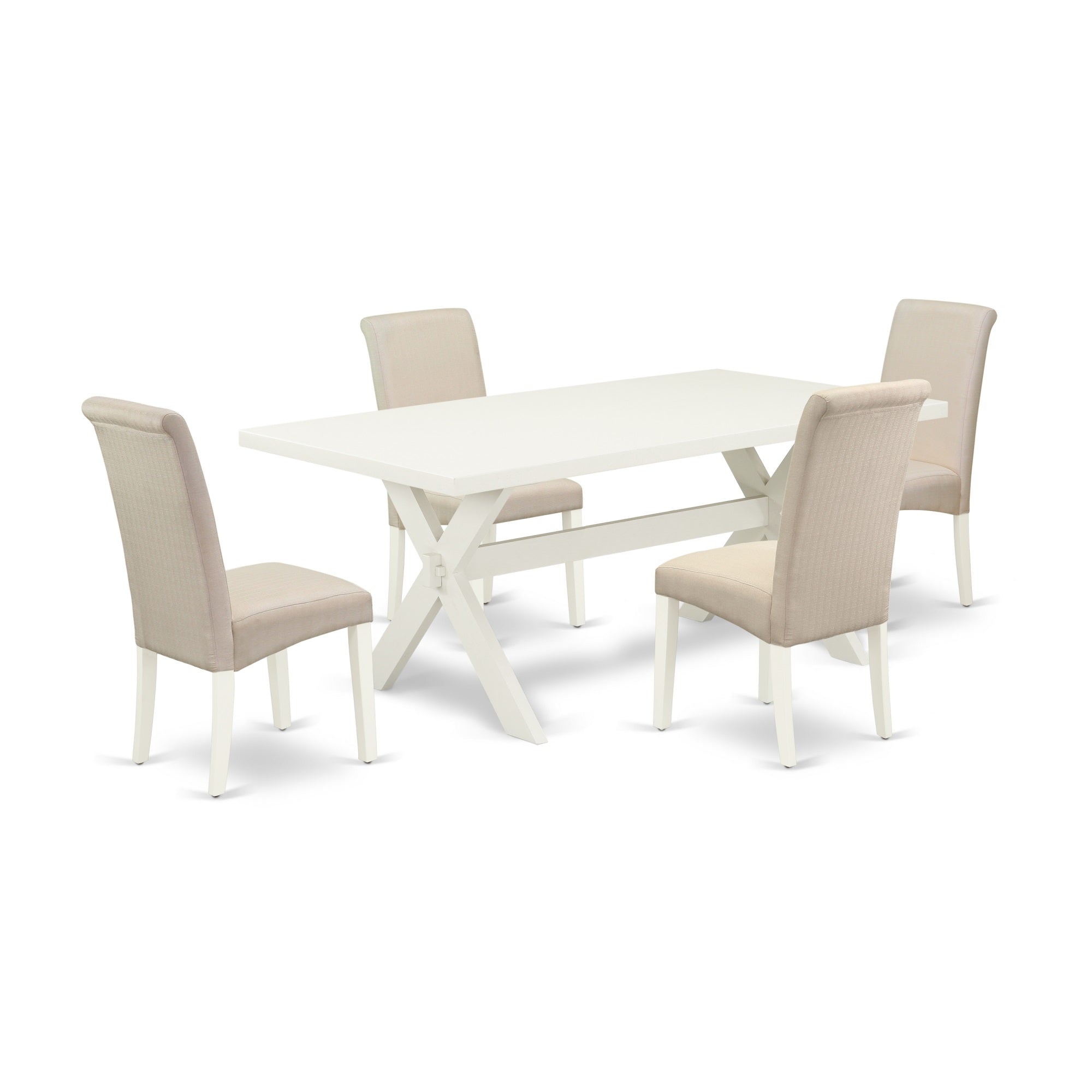 East West Furniture 5-Pc Modern Dinette Set Included 4 Parson Dining Chairs Upholstered Nails Head Seat And Stylish Chair Back And Rectangular Mid Century Dining Table With Linen White Rectangular Dining Table Top - Linen White Finish