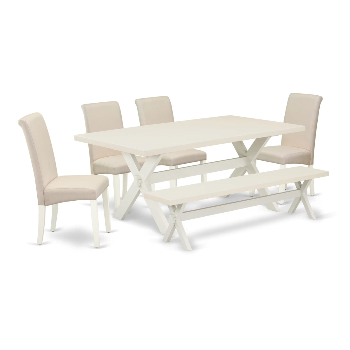 Casafoyer X027Ba201-6 6 Piece Dining Room Set Contains A Rectangle Dining Table With X-Legs And 4 Cream Linen Fabric Parson Chairs With A Bench, 40X72 Inch, Multi-Color
