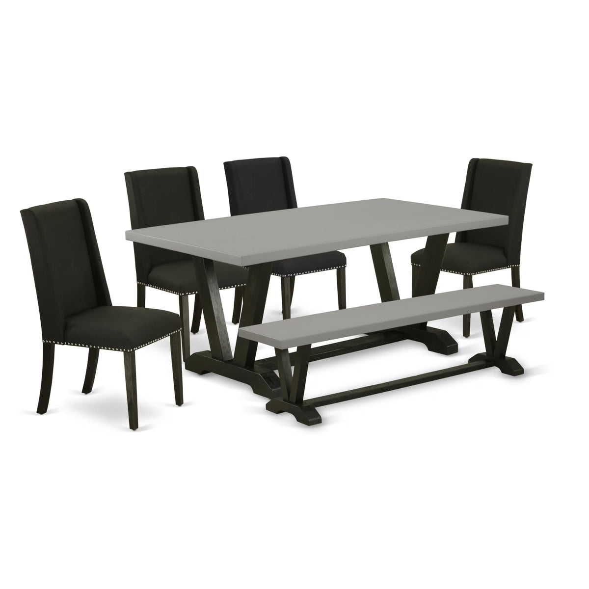 Casafoyer V-Style 6 Piece Set Contains A Rectangle Dining Room Table With V-Legs And 4 Black Linen Fabric Parson Chairs With A Bench, 40X72 Inch, V697Fl624-6