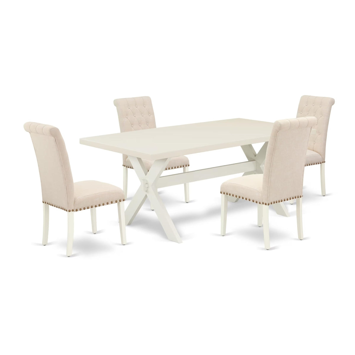 Casafoyer X027Br202-5 5 Piece Dining Set Includes A Rectangle Dining Room Table With X-Legs And 4 Light Beige Linen Fabric Upholstered Parson Chairs, 40X72 Inch, Multi-Color