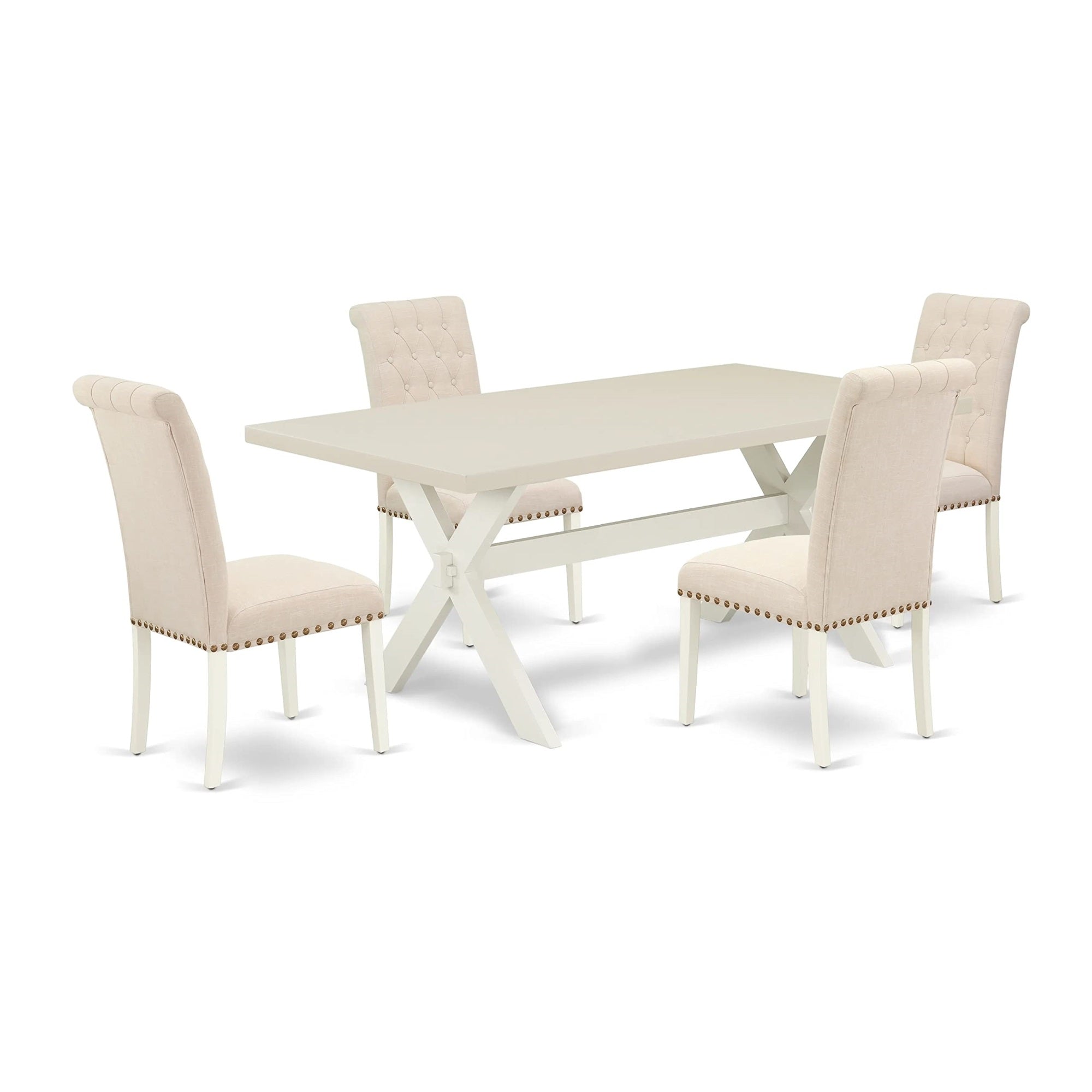 East West Furniture X027Br202-5 5 Piece Dining Set Includes A Rectangle Dining Room Table With X-Legs And 4 Light Beige Linen Fabric Upholstered Parson Chairs, 40X72 Inch, Multi-Color