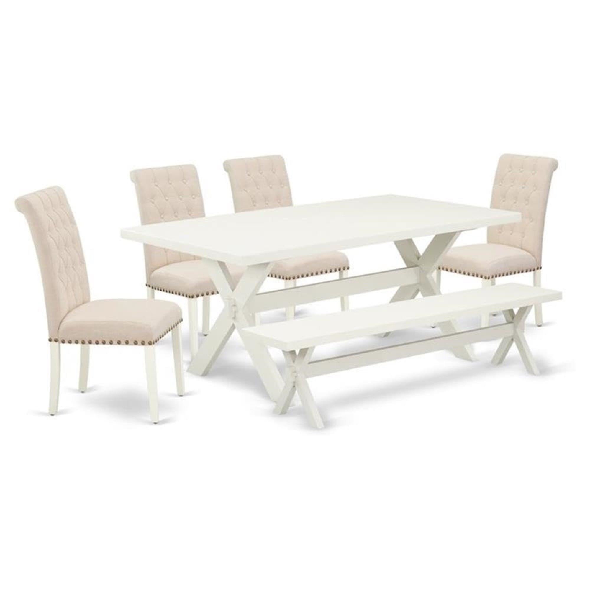 Casafoyer X027Br202-6 6 Piece Dining Table Set Contains A Rectangle Kitchen Table With X-Legs And 4 Light Beige Linen Fabric Parson Chairs With A Bench, 40X72 Inch, Multi-Color