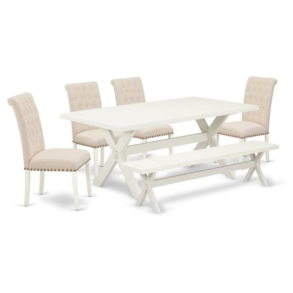 Casafoyer X027Br202-6 6 Piece Dining Table Set Contains A Rectangle Kitchen Table With X-Legs And 4 Light Beige Linen Fabric Parson Chairs With A Bench, 40X72 Inch, Multi-Color