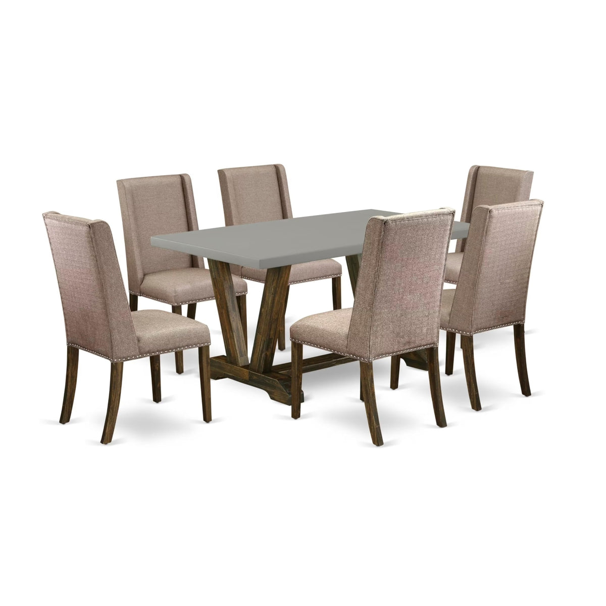 Casafoyer V796Fl716-7 7 Piece Dinette Set Consist Of A Rectangle Dining Room Table With V-Legs And 6 Dark Khaki Linen Fabric Upholstered Chairs, 36X60 Inch, Multi-Color