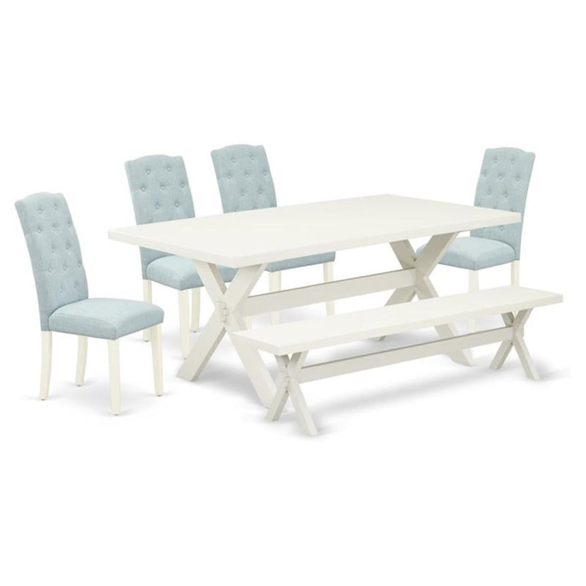Casafoyer X027Ce215-6 6 Piece Dining Room Set Contains A Rectangle Dining Table With X-Legs And 4 Baby Blue Linen Fabric Parson Chairs With A Bench, 40X72 Inch, Multi-Color