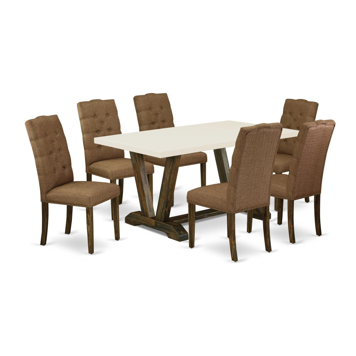 Casafoyer V-Style 7 Piece Dinette Set Consist Of A Rectangle Dining Room Table With V-Legs And 6 Brown Linen Fabric Upholstered Chairs, 36X60 Inch, Multi-Color