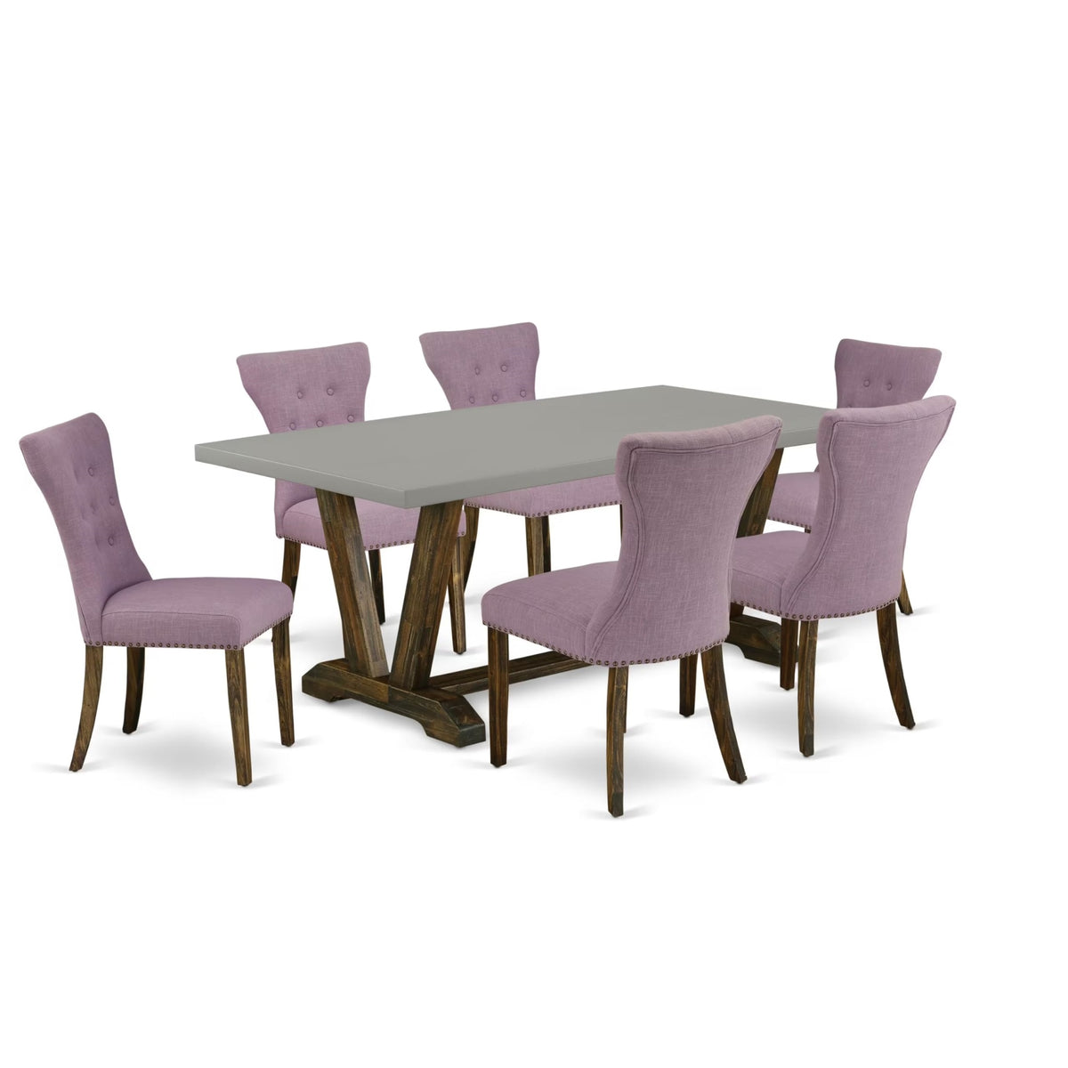 Casafoyer V797Ga740-7 7 Piece Dining Set Consist Of A Rectangle Dining Room Table With V-Legs And 6 Dahlia Linen Fabric Upholstered Parson Chairs, 40X72 Inch, Multi-Color