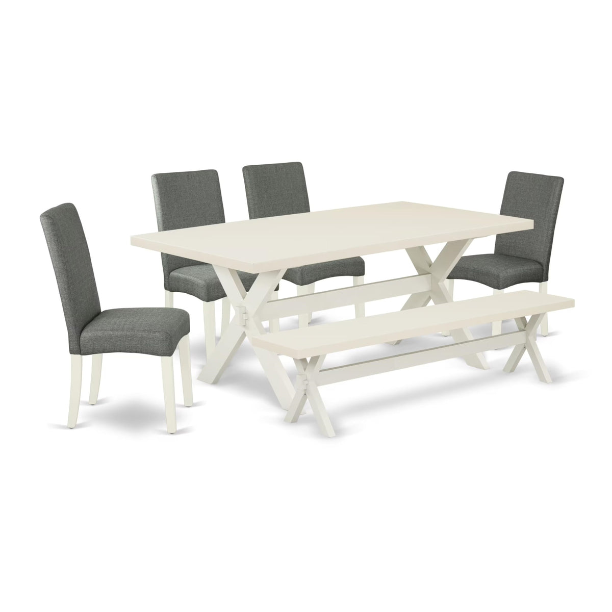 Casafoyer X027Dr207-6 6 Piece Dining Set Contains A Rectangle Dining Room Table With X-Legs And 4 Gray Linen Fabric Upholstered Chairs With A Bench, 40X72 Inch, Multi-Color