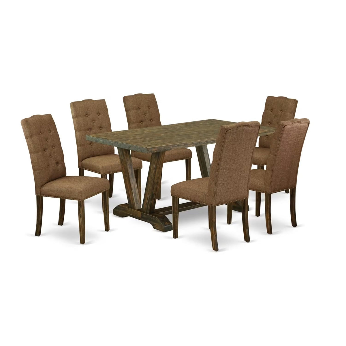 Casafoyer V-Style 7 Piece Room Set Consist Of A Rectangle Dining Table With V-Legs And 6 Brown Linen Fabric Upholstered Chairs, 36X60 Inch, Multi-Color