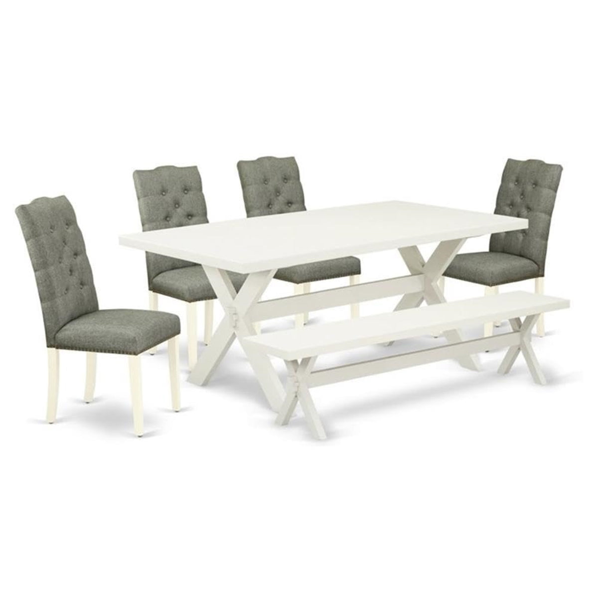 Casafoyer X027El207-6 6 Piece Dining Set Contains A Rectangle Dining Room Table With X-Legs And 4 Gray Linen Fabric Parson Chairs With A Bench, 40X72 Inch, Multi-Color