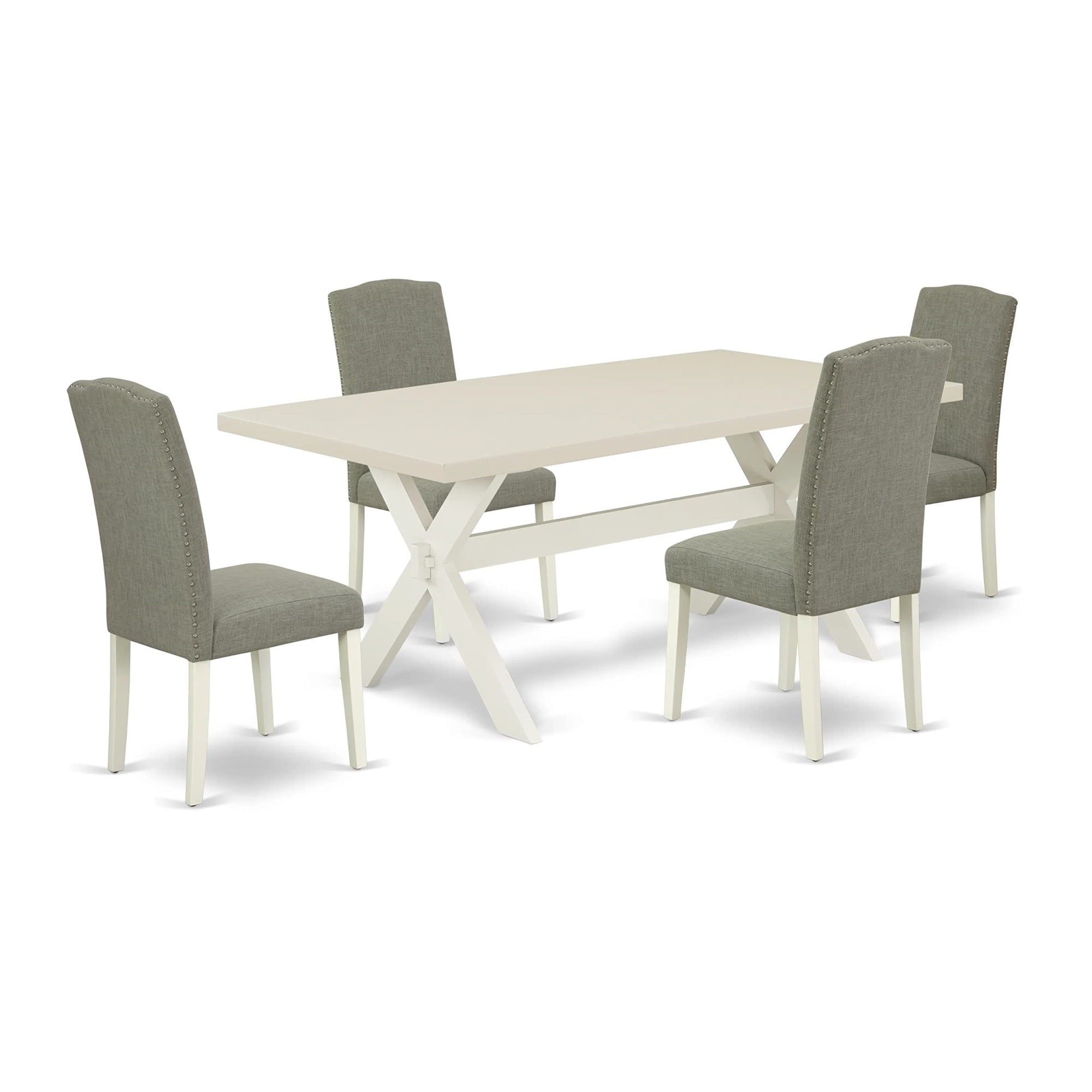 Ergode X027En206-5, 5-Piece Rectangular Table Set, Linen White Finish, Dark Shitake Linen Fabric Chairs, Asian Wood, 300 Lbs Capacity