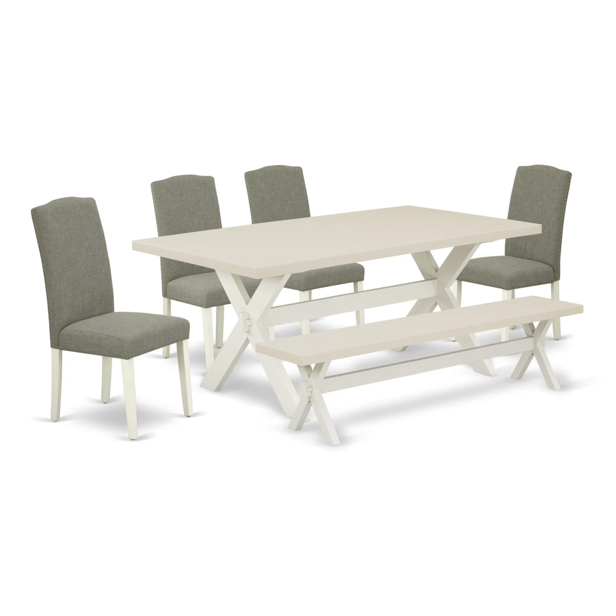 Casafoyer X027En206-6 6 Piece Kitchen Table Set Contains A Rectangle Dining Table With X-Legs And 4 Dark Shitake Linen Fabric Parson Chairs With A Bench, 40X72 Inch, Multi-Color