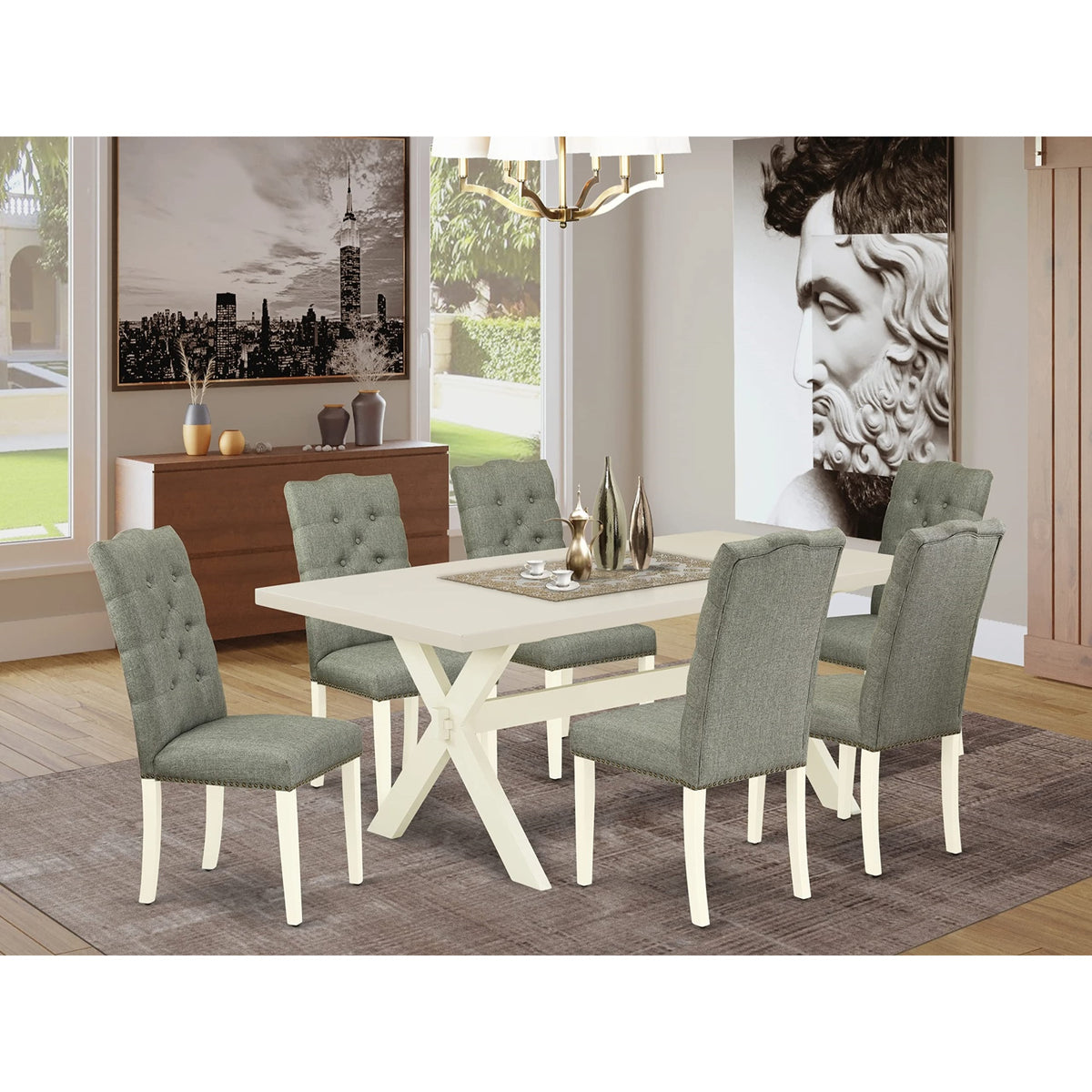Casafoyer X027El207-7 7 Piece Kitchen Table Set Consist Of A Rectangle Dining Table With X-Legs And 6 Gray Linen Fabric Parsons Dining Chairs, 40X72 Inch, Multi-Color