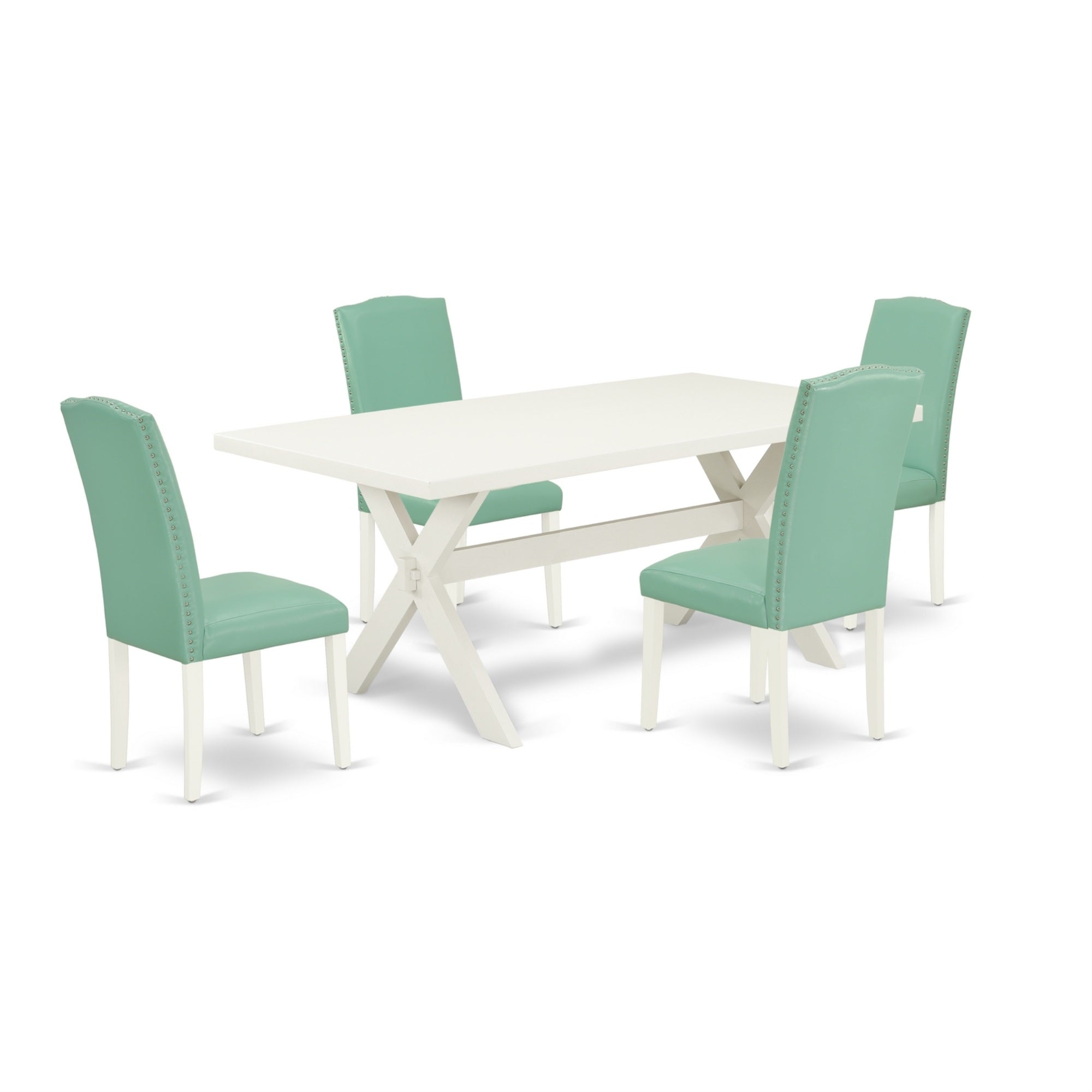 East West Furniture 5-Pc Dinette Set Included 4 Dining Room Chairs Upholstered Nails Head Seat And Stylish Chair Back And Rectangular Kitchen Dining Table With Linen White Dining Table Top - Linen White Finish
