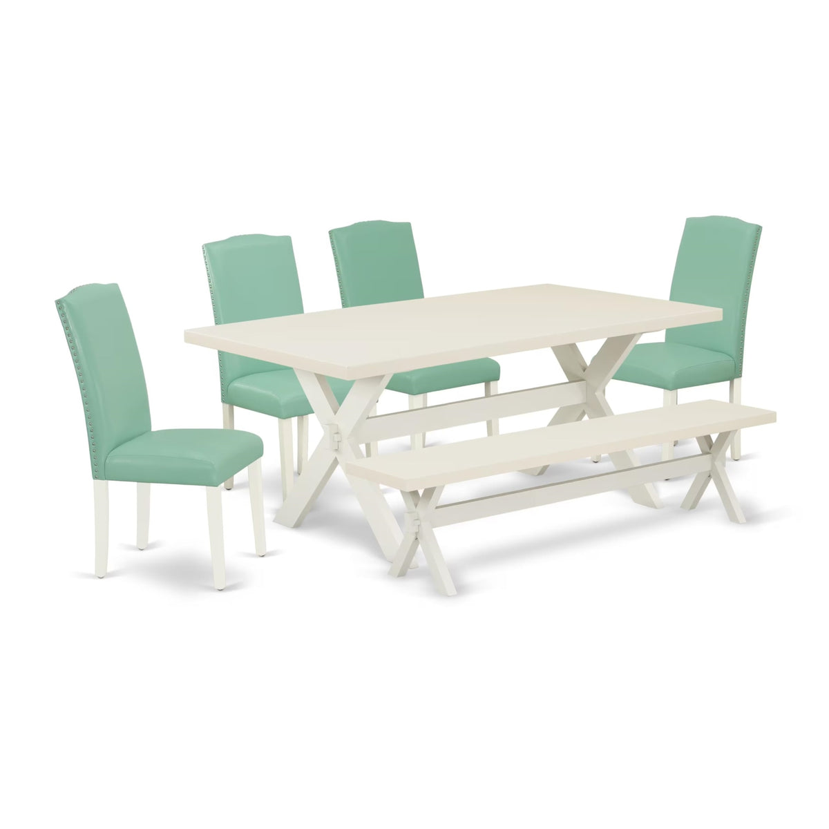 Casafoyer X027En257-6 6 Piece Kitchen Table & Chairs Set Contains A Rectangle Wooden Table And 4 Pond Faux Leather Parson Chairs With A Bench, 40X72 Inch, Multi-Color