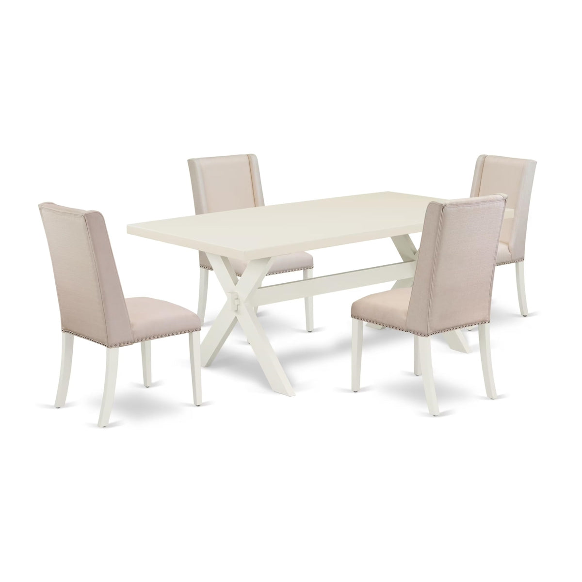Casafoyer X027Fl201-5 5 Piece Kitchen Table & Chairs Set Includes A Rectangle Dining Room Table With X-Legs And 4 Cream Linen Fabric Upholstered Chairs, 40X72 Inch, Multi-Color