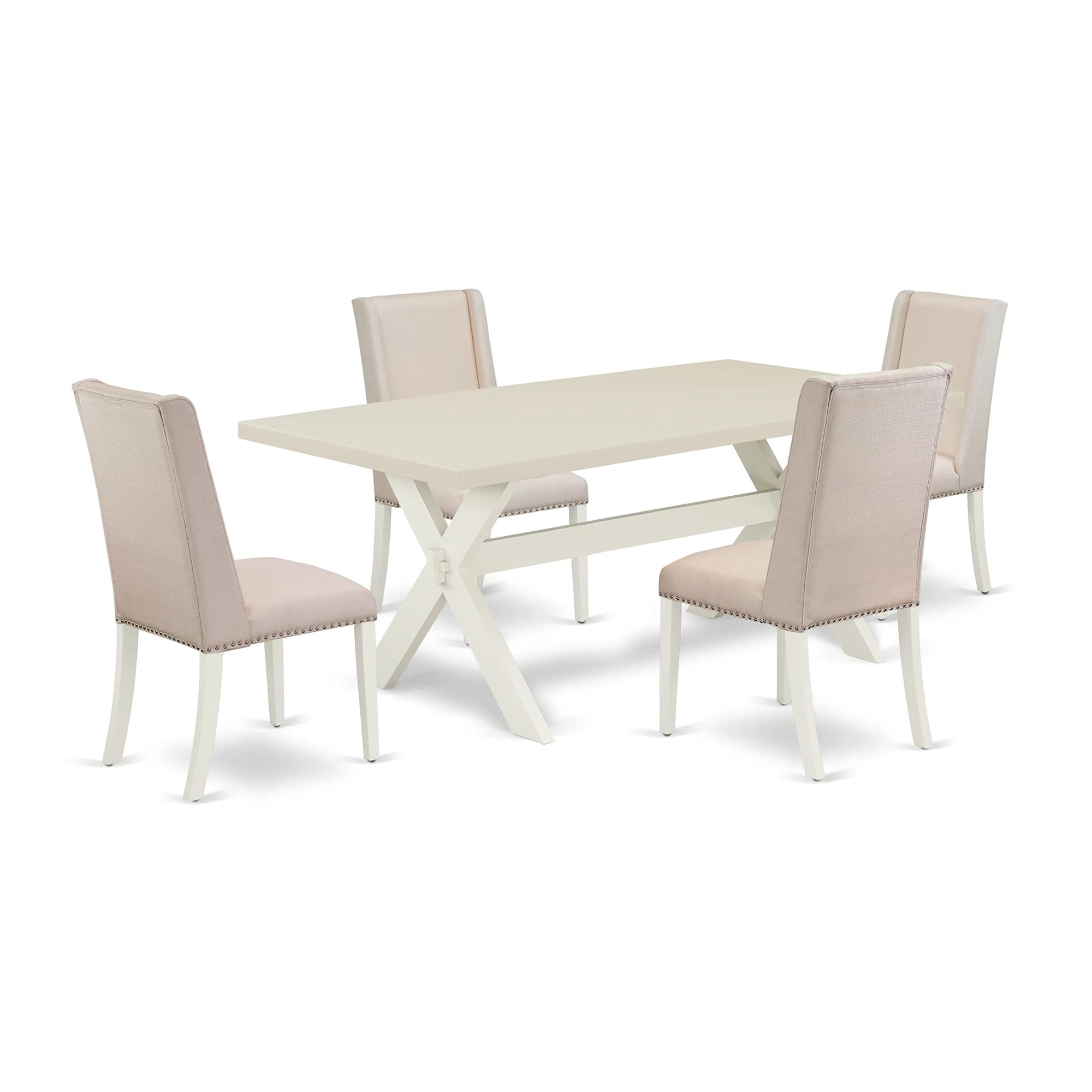 East West Furniture X027Fl201-5 5 Piece Kitchen Table & Chairs Set Includes A Rectangle Dining Room Table With X-Legs And 4 Cream Linen Fabric Upholstered Chairs, 40X72 Inch, Multi-Color