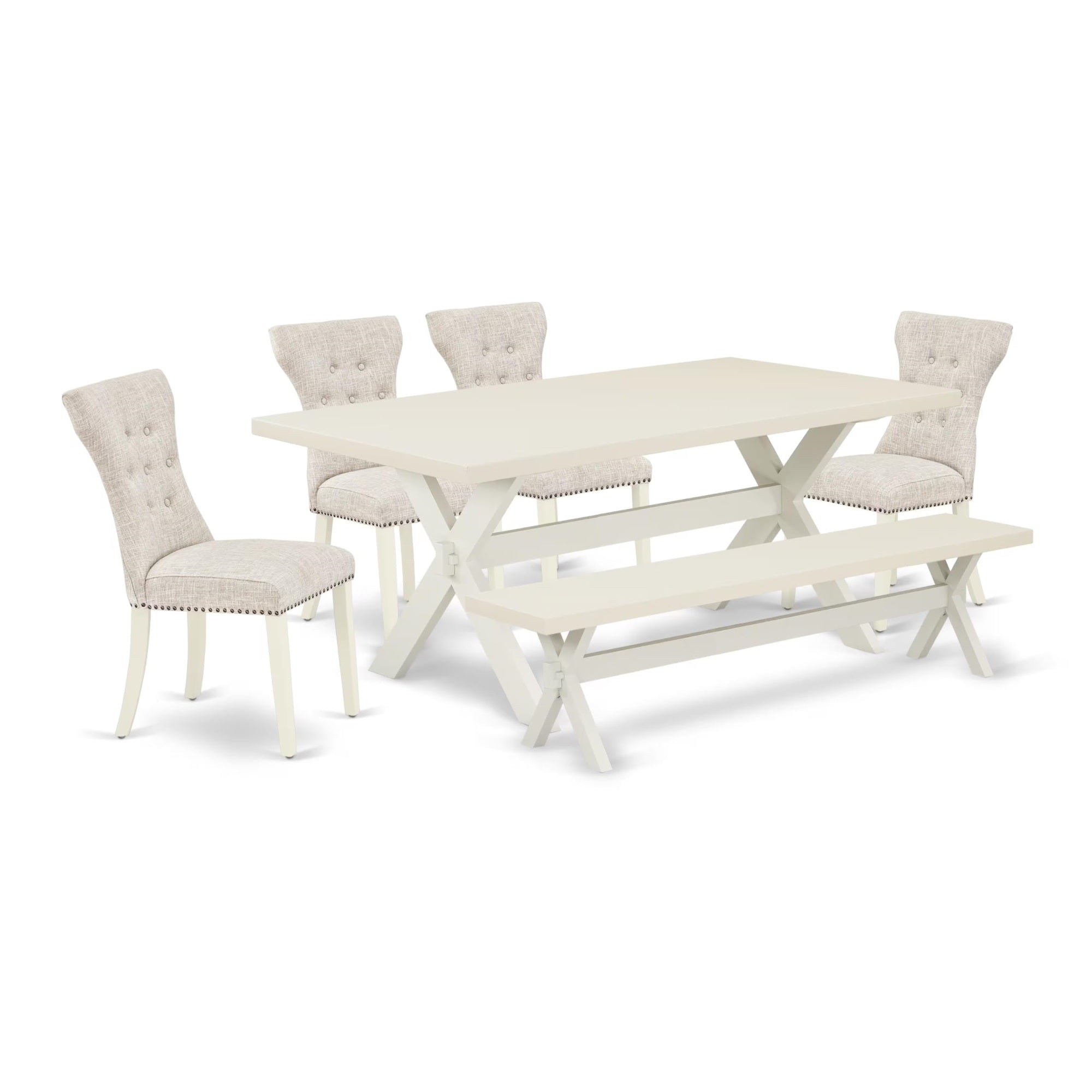 Casafoyer X027Ga235-6 6 Piece Dining Table Set Contains A Rectangle Dining Room Table With X-Legs And 4 Doeskin Linen Fabric Parson Chairs With A Bench, 40X72 Inch, Multi-Color