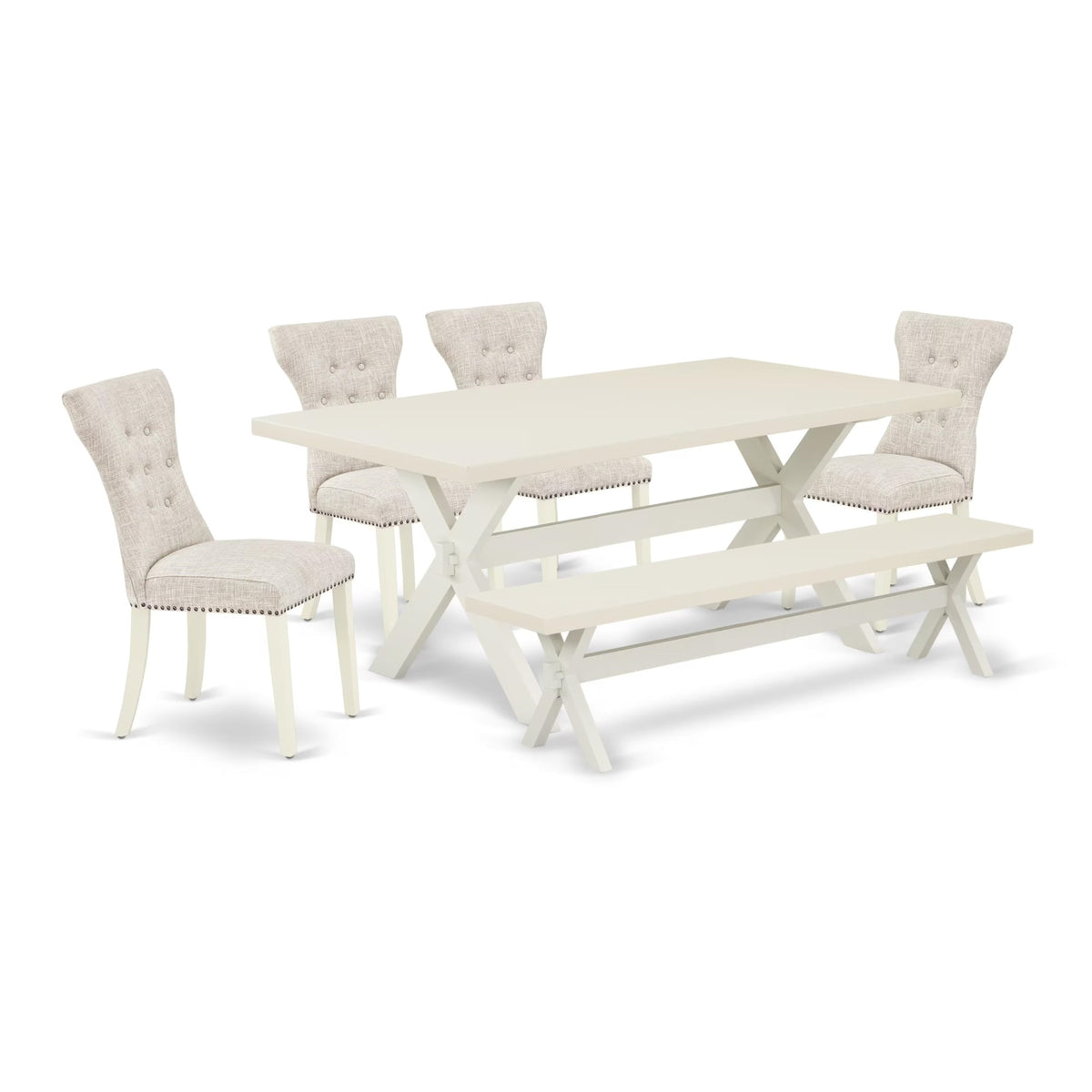 Casafoyer X027Ga235-6 6 Piece Dining Table Set Contains A Rectangle Dining Room Table With X-Legs And 4 Doeskin Linen Fabric Parson Chairs With A Bench, 40X72 Inch, Multi-Color