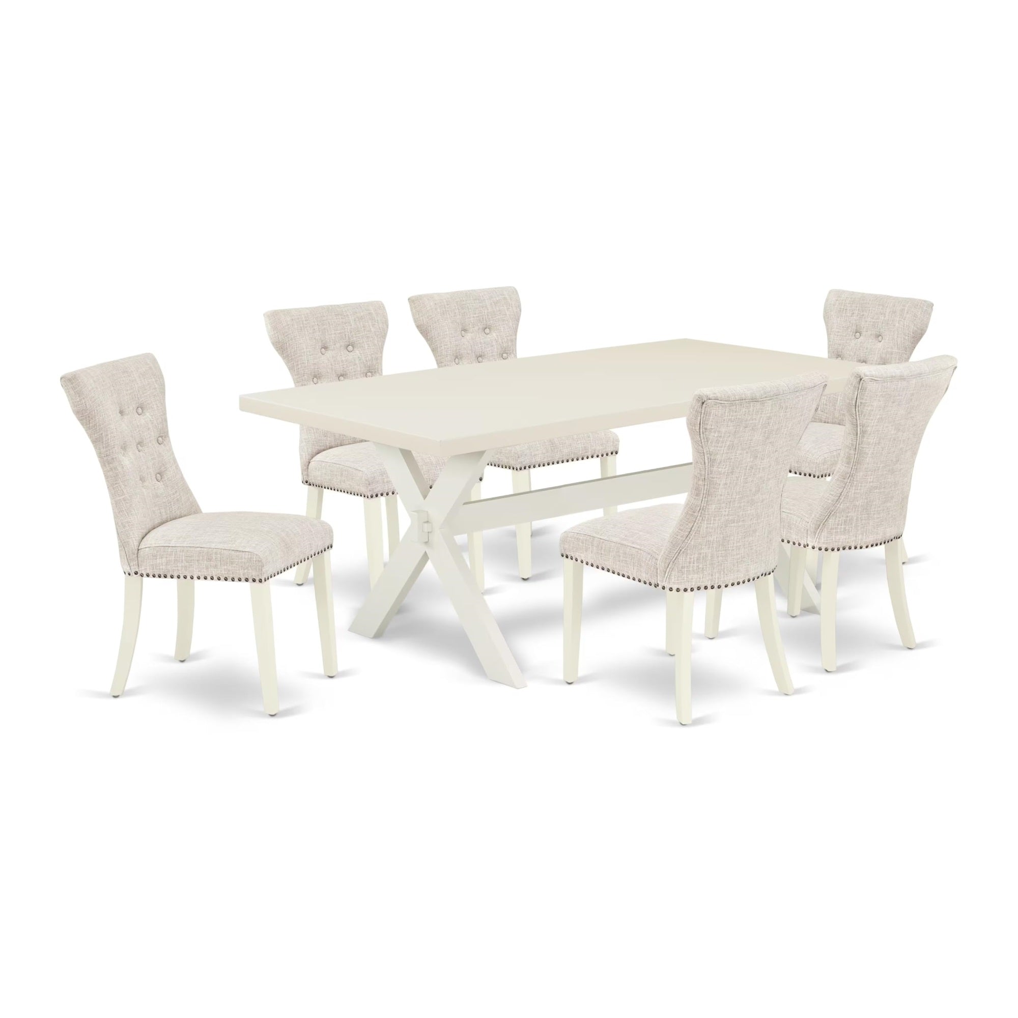 Casafoyer X027Ga235-7 7 Piece Dining Room Table Set Consist Of A Rectangle Dining Table With X-Legs And 6 Doeskin Linen Fabric Upholstered Parson Chairs, 40X72 Inch, Multi-Color