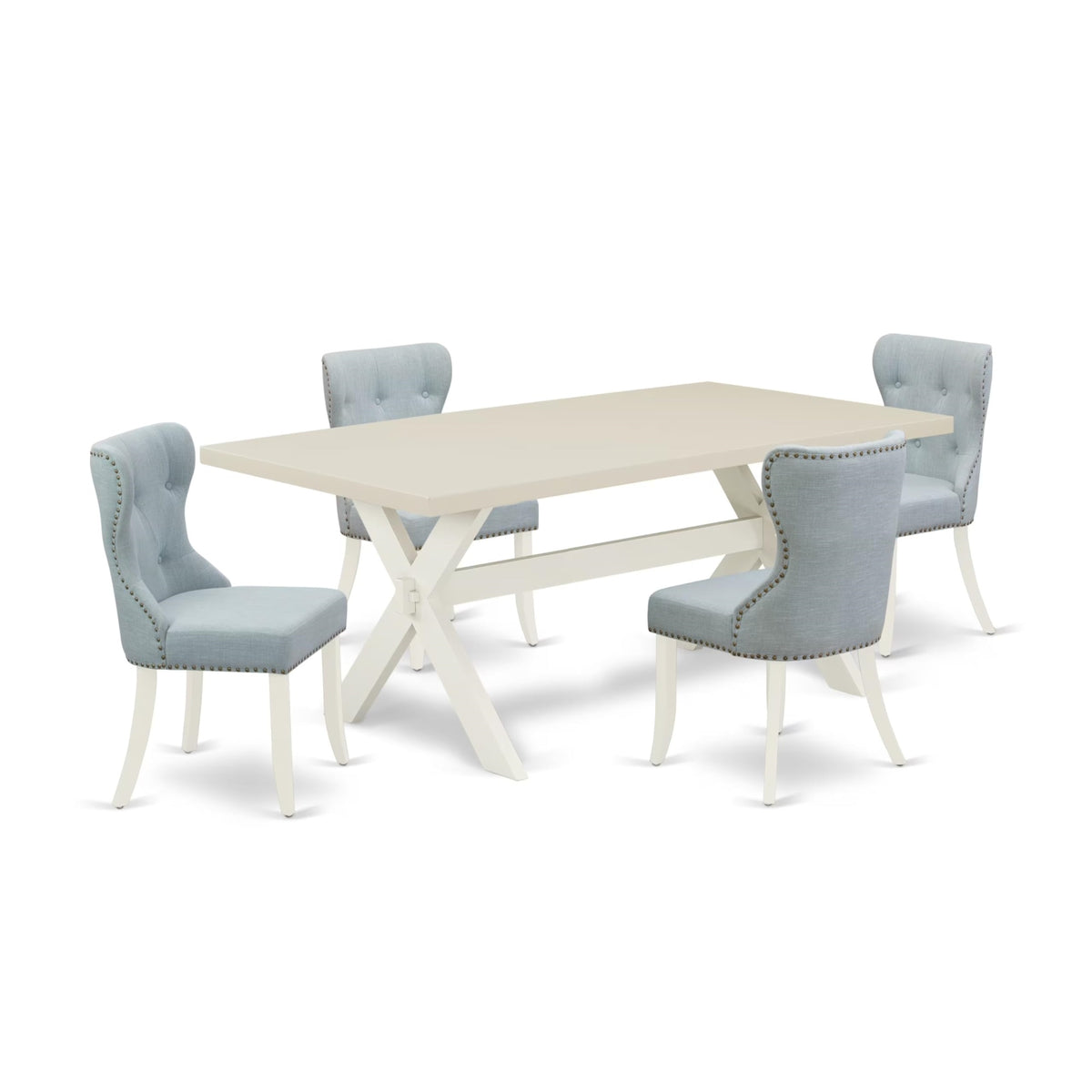 Casafoyer X027Si215-5 5 Piece Dining Room Table Set Includes A Rectangle Dining Table With X-Legs And 4 Baby Blue Linen Fabric Upholstered Parson Chairs, 40X72 Inch, Multi-Color