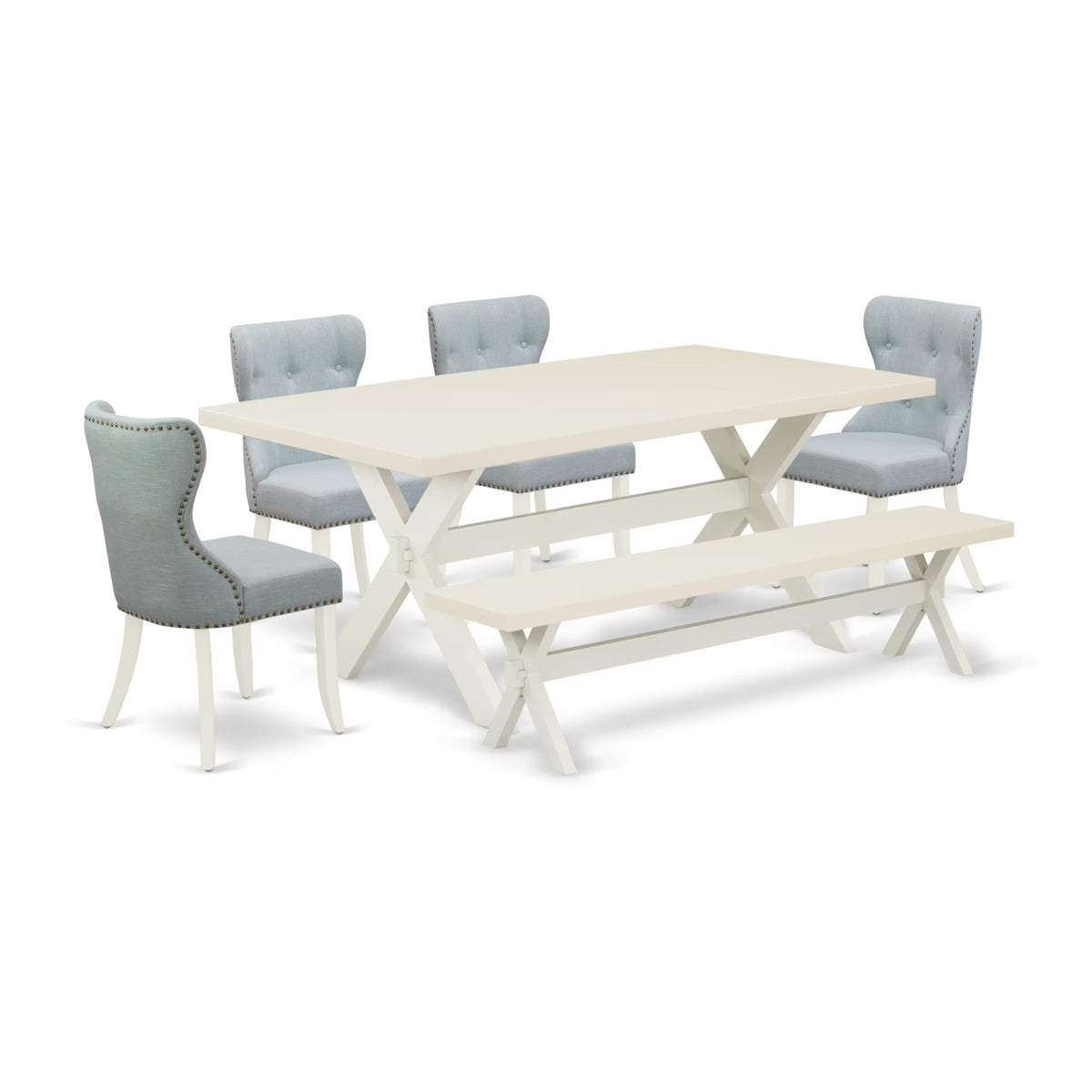 Casafoyer X027Si215-6 6 Piece Kitchen Table Set Contains A Rectangle Dining Table With X-Legs And 4 Baby Blue Linen Fabric Upholstered Chairs With A Bench, 40X72 Inch, Multi-Color