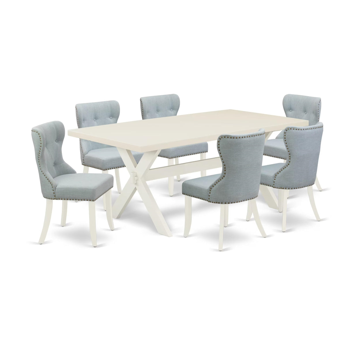 Casafoyer X027Si215-7 7 Piece Dining Table Set Consist Of A Rectangle Kitchen Table With X-Legs And 6 Baby Blue Linen Fabric Parson Dining Room Chairs, 40X72 Inch, Multi-Color