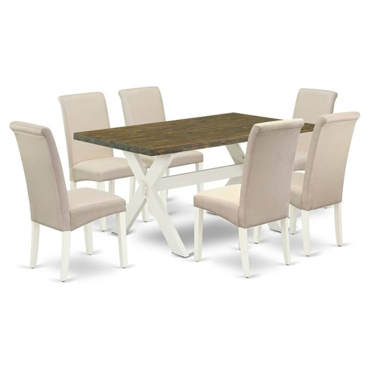 Casafoyer X076Ba201-7 7 Piece Modern Dining Table Set Consist Of A Rectangle Wooden Table With X-Legs And 6 Cream Linen Fabric Upholstered Parson Chairs, 36X60 Inch, Multi-Color