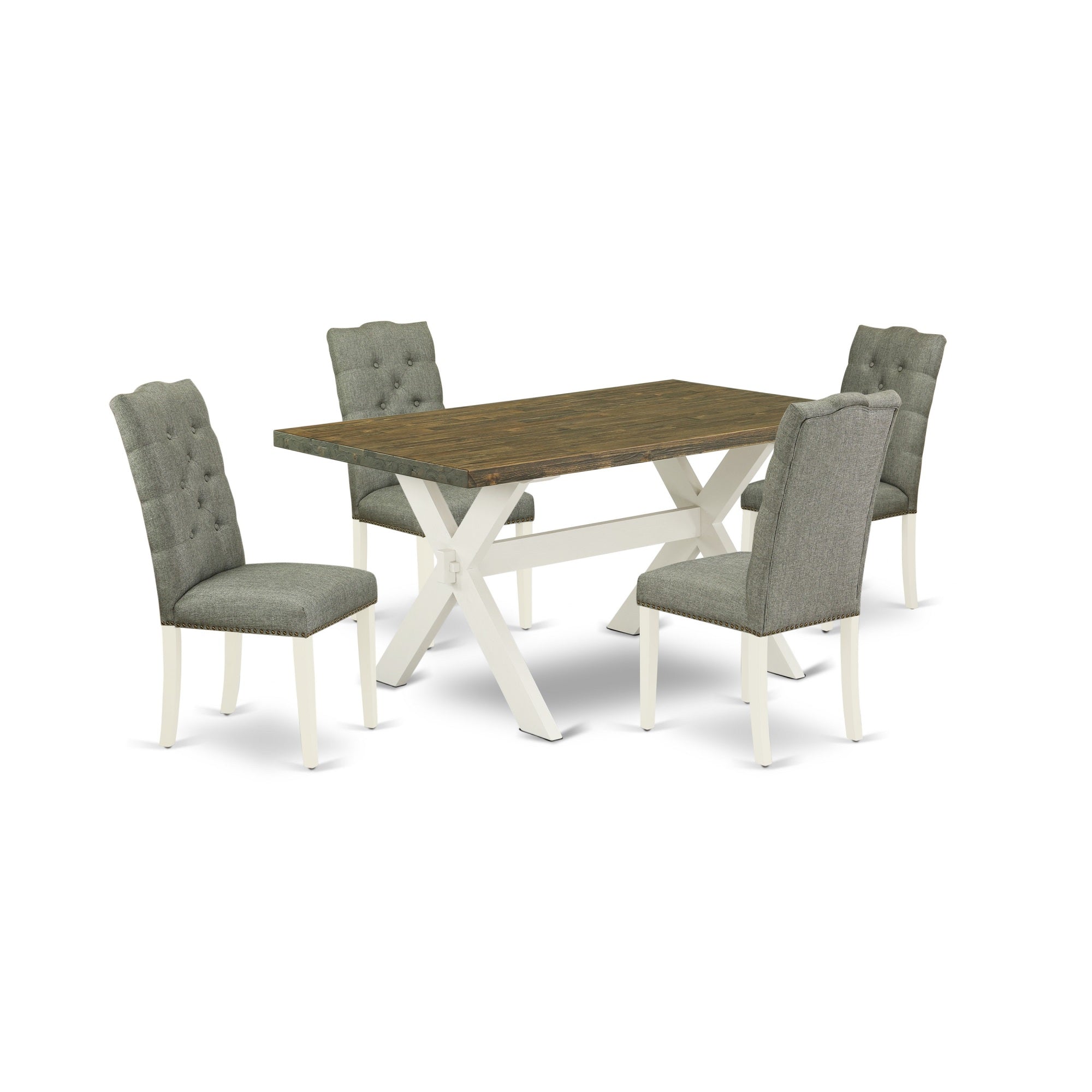 East West Furniture X076El207-5 5-Pc Dining Room Table Set- 4 Dining Padded Chairs With Smoke Linen Fabric Seat And Button Tufted Chair Back - Rectangular Table Top & Wooden Cross Legs - Distressed Jacobean And Linen White Finish