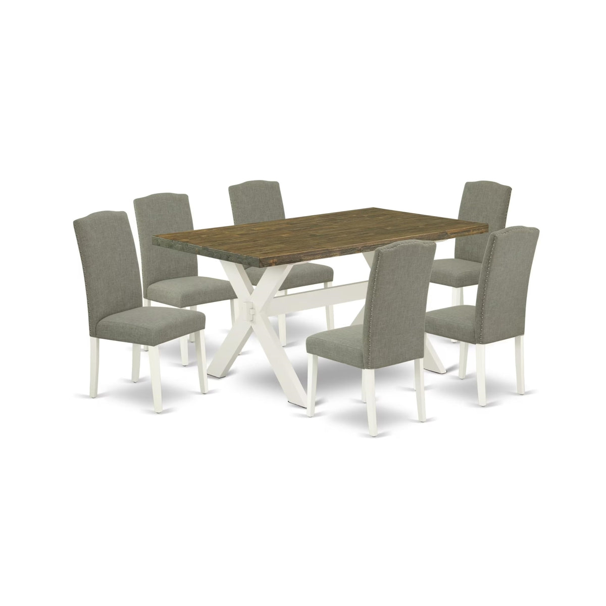 Casafoyer X076En206-7 7 Piece Modern Dining Table Set Consist Of A Rectangle Wooden Table With X-Legs And 6 Dark Shitake Linen Fabric Parson Chairs, 36X60 Inch, Multi-Color