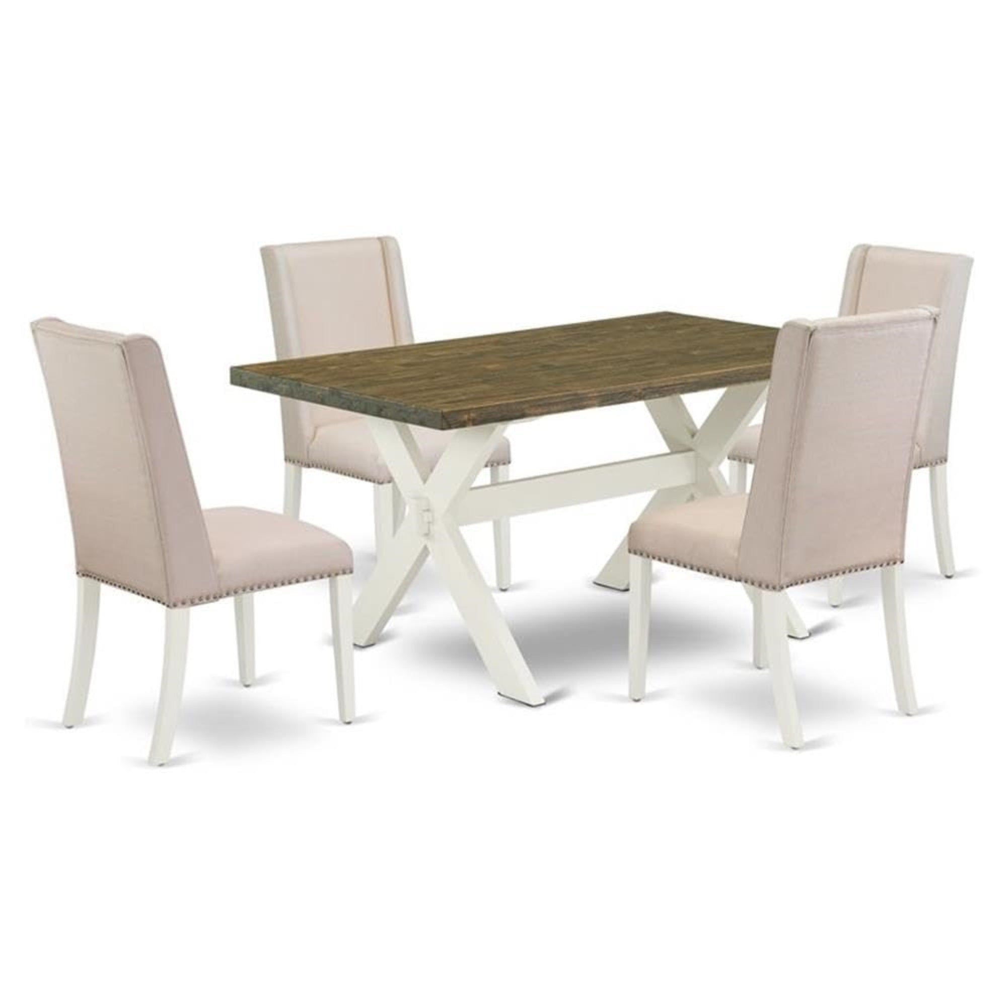 Casafoyer X076Fl201-5 X-Style 5 Piece Kitchen Set For 4 Includes A Rectangle Table With X-Legs And 4 Cream Linen Fabric Parson Dining Room Chairs, 36X60 Inch, Multi-Color
