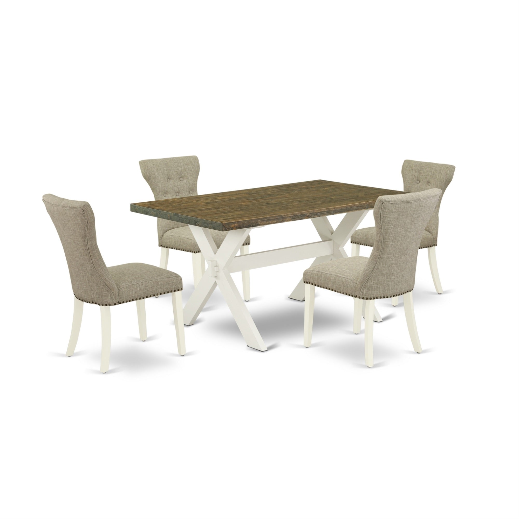 East West Furniture 5-Piece Dining Room Table Set Included 4 Kitchen Dining Chairs Upholstered Nails Head Seat And High Button Tufted Chair Back And Rectangular Dinette Table With Distressed Jacobean Dinette Table Top - Linen White Finish