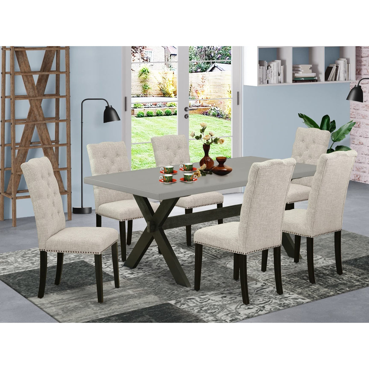 Casafoyer X697El635-7 7-Pc Dining Set - Dining Table Rectangular Top - 6 Amazing Parson Dining Chairs Linen Fabric Seat And Back (Cement & Wire Brushed Black Finish)