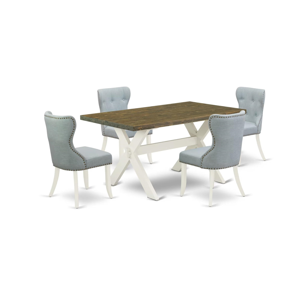 Casafoyer X076Si215-5 5 Piece Dining Room Table Set Includes A Rectangle Dining Table With X-Legs And 4 Baby Blue Linen Fabric Upholstered Parson Chairs, 36X60 Inch, Multi-Color