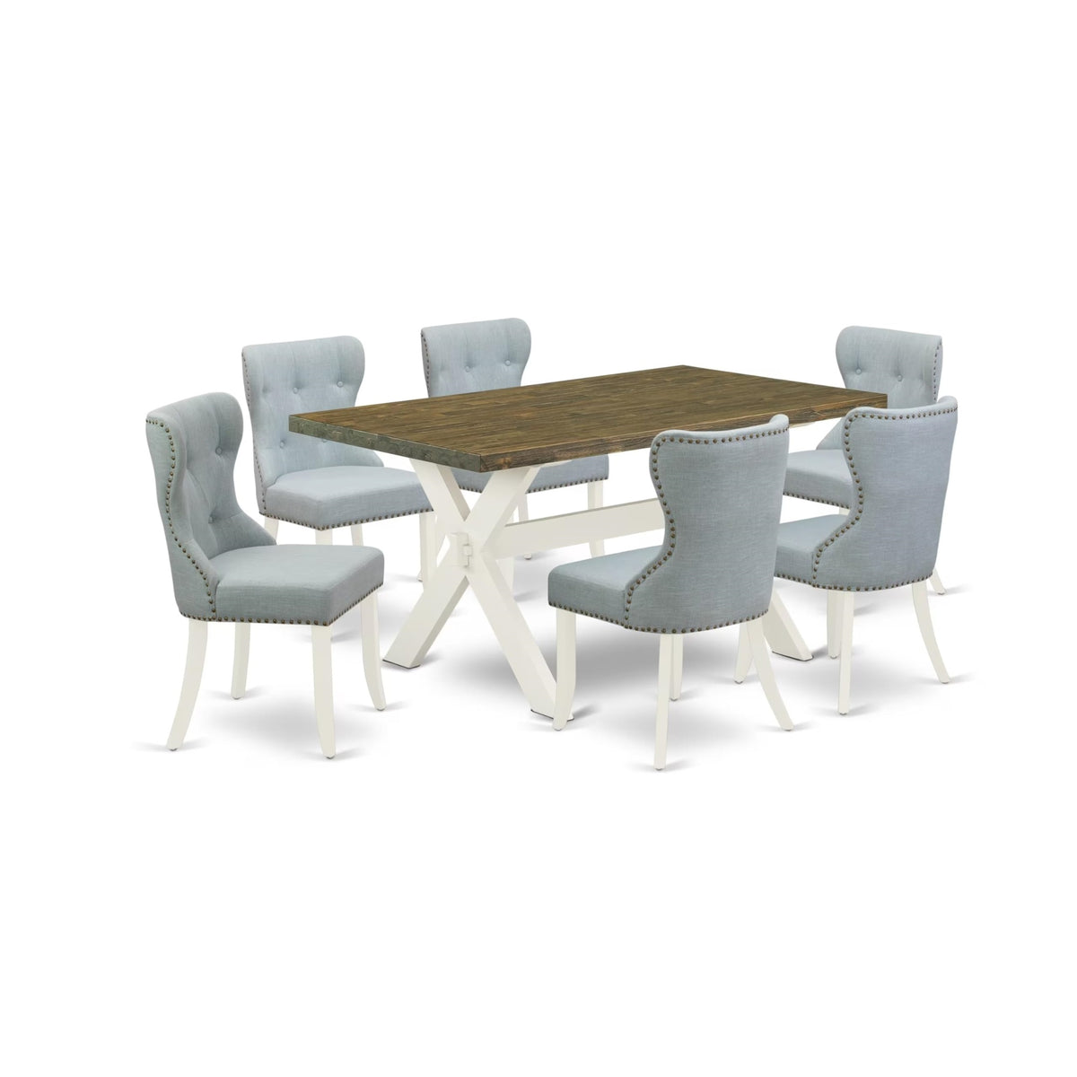 Casafoyer X076Si215-7 7 Piece Dining Set Consist Of A Rectangle Dining Room Table With X-Legs And 6 Baby Blue Linen Fabric Upholstered Chairs, 36X60 Inch, Multi-Color