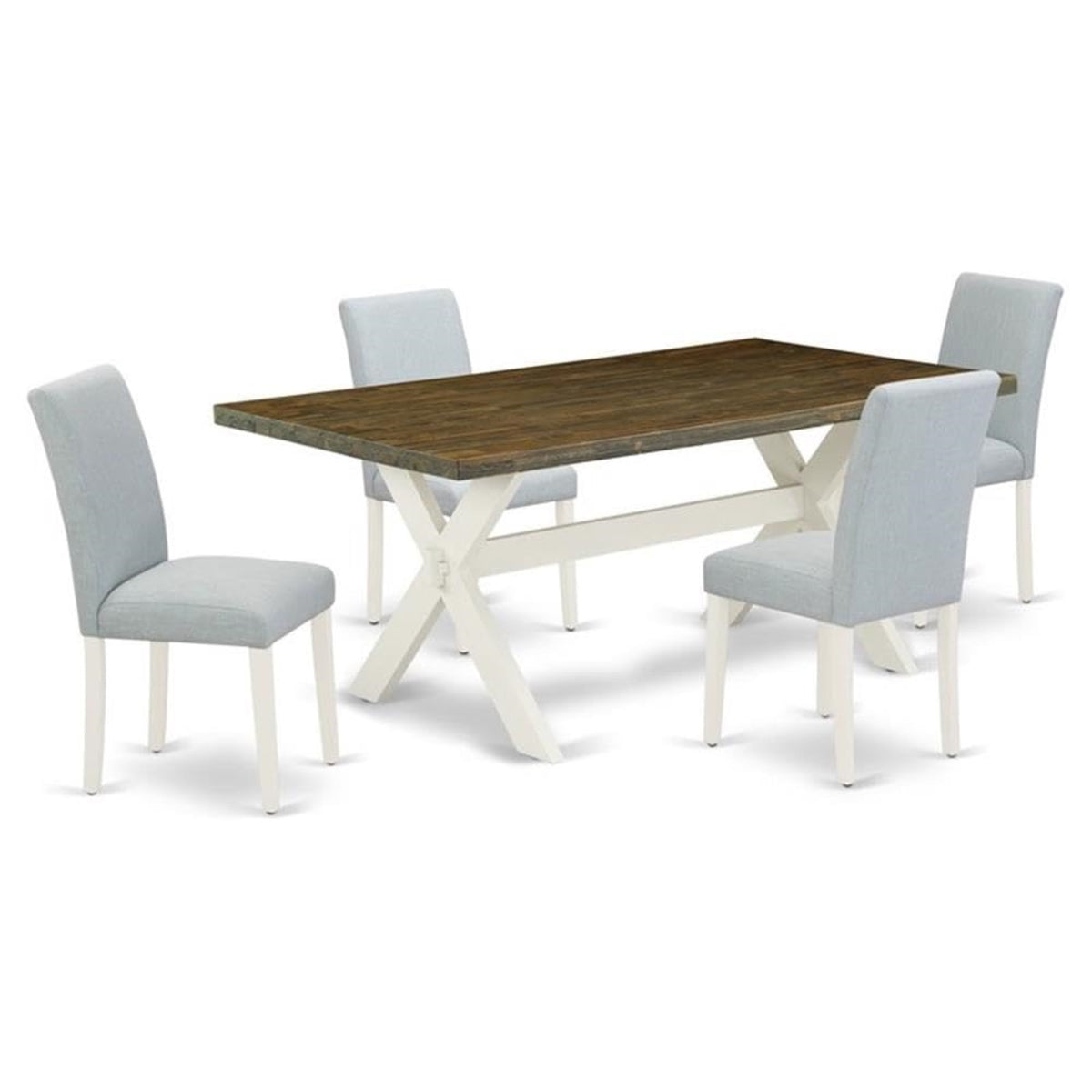 Casafoyer X077Ab015-5 5 Piece Dining Room Table Set Includes A Rectangle Dining Table With X-Legs And 4 Baby Blue Linen Fabric Upholstered Chairs, 36X60 Inch, Multi-Color