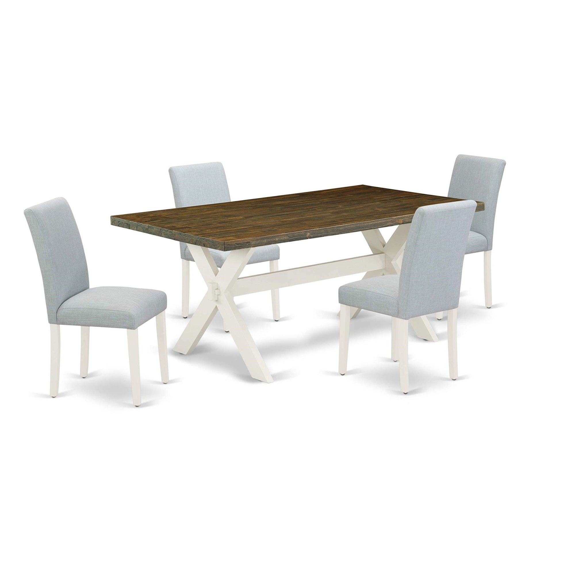 Ergode X077Ab015-5, 5-Piece Kitchen Dining Set, Rectangular Table With X-Legs, 4 Mid-Century Chairs, Baby Blue Linen Upholstery, Wire Brushed Linen White Legs, Durable Rubber Wood, Easy Assembly, Timeless Style, 72X40X30 Table, 22X17.20X35.2 Chairs