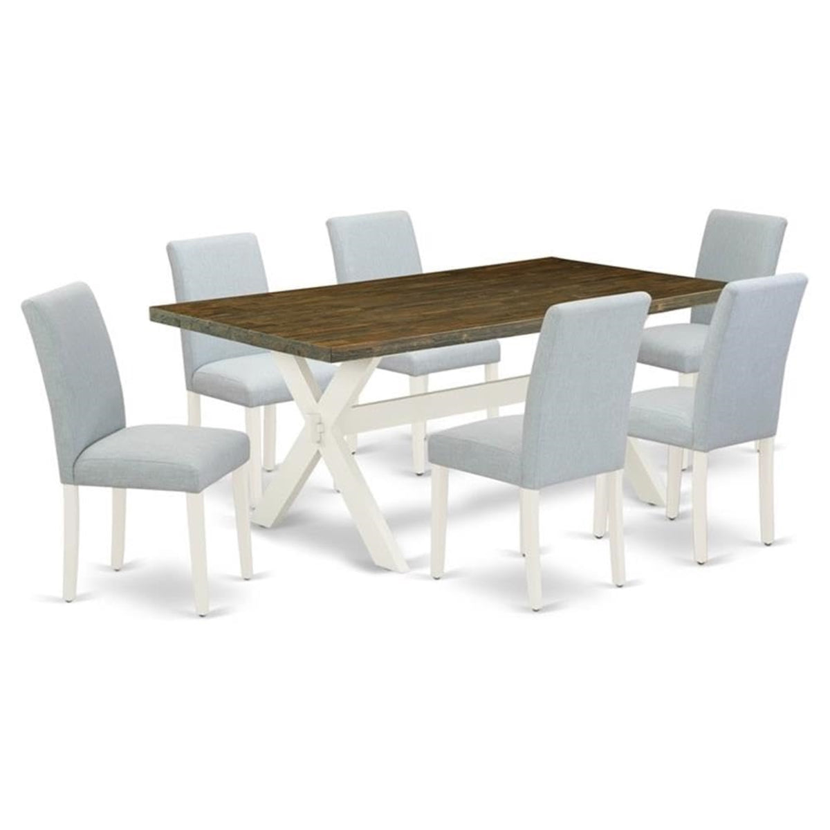 Casafoyer X077Ab015-7 7 Piece Dining Room Table Set Consist Of A Rectangle Dining Table With X-Legs And 6 Baby Blue Linen Fabric Upholstered Chairs, 40X72 Inch, Multi-Color