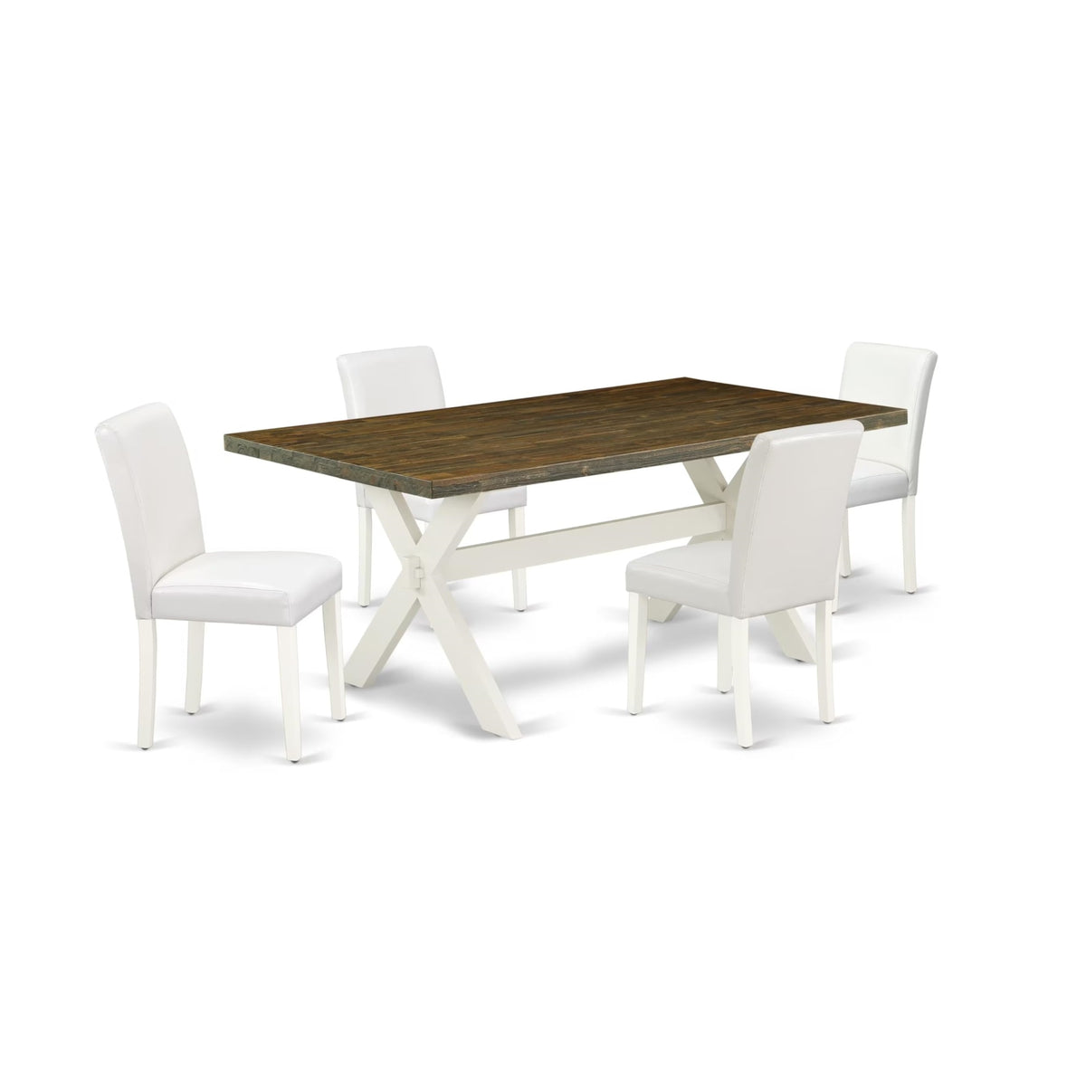 Casafoyer X-Style 5 Piece Modern Set Includes A Rectangle Wooden Table With X-Legs And 4 White Faux Leather Parsons Dining Chairs, 40X72 Inch, Multi-Color