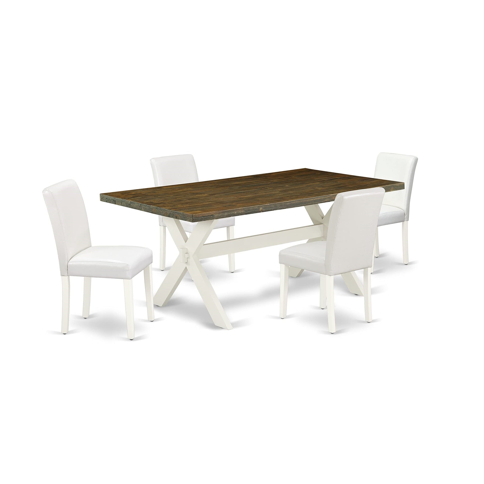 East West Furniture X-Style 5 Piece Modern Set Includes A Rectangle Wooden Table With X-Legs And 4 White Faux Leather Parsons Dining Chairs, 40X72 Inch, X077Ab264-5