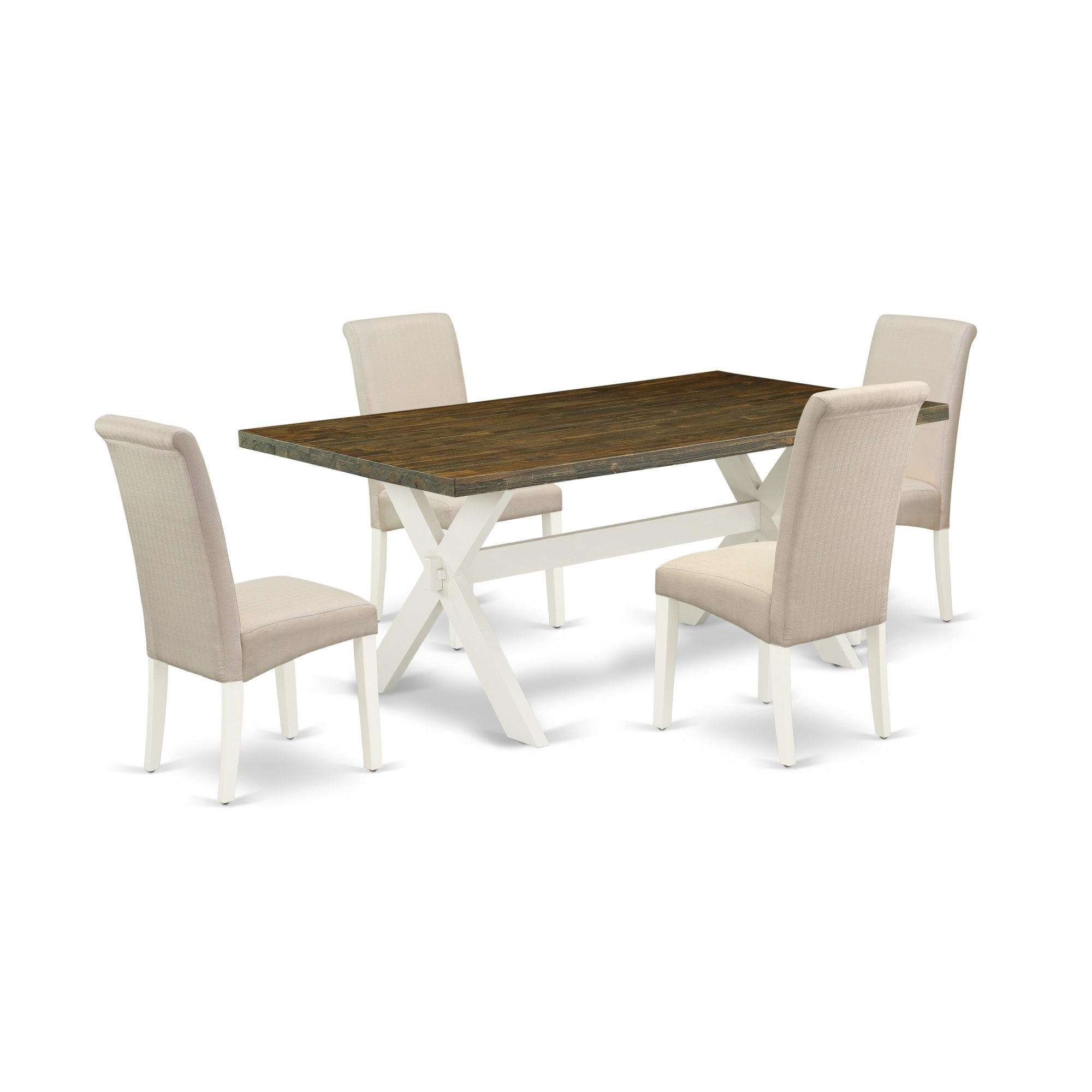 East West Furniture X077Ba201-5 5-Pc Modern Dining Table Set - 4 Parson Chairs And 1 Modern Rectangular Distressed Jacobean Kitchen Table Top With High Chair Back - Linen White Finish