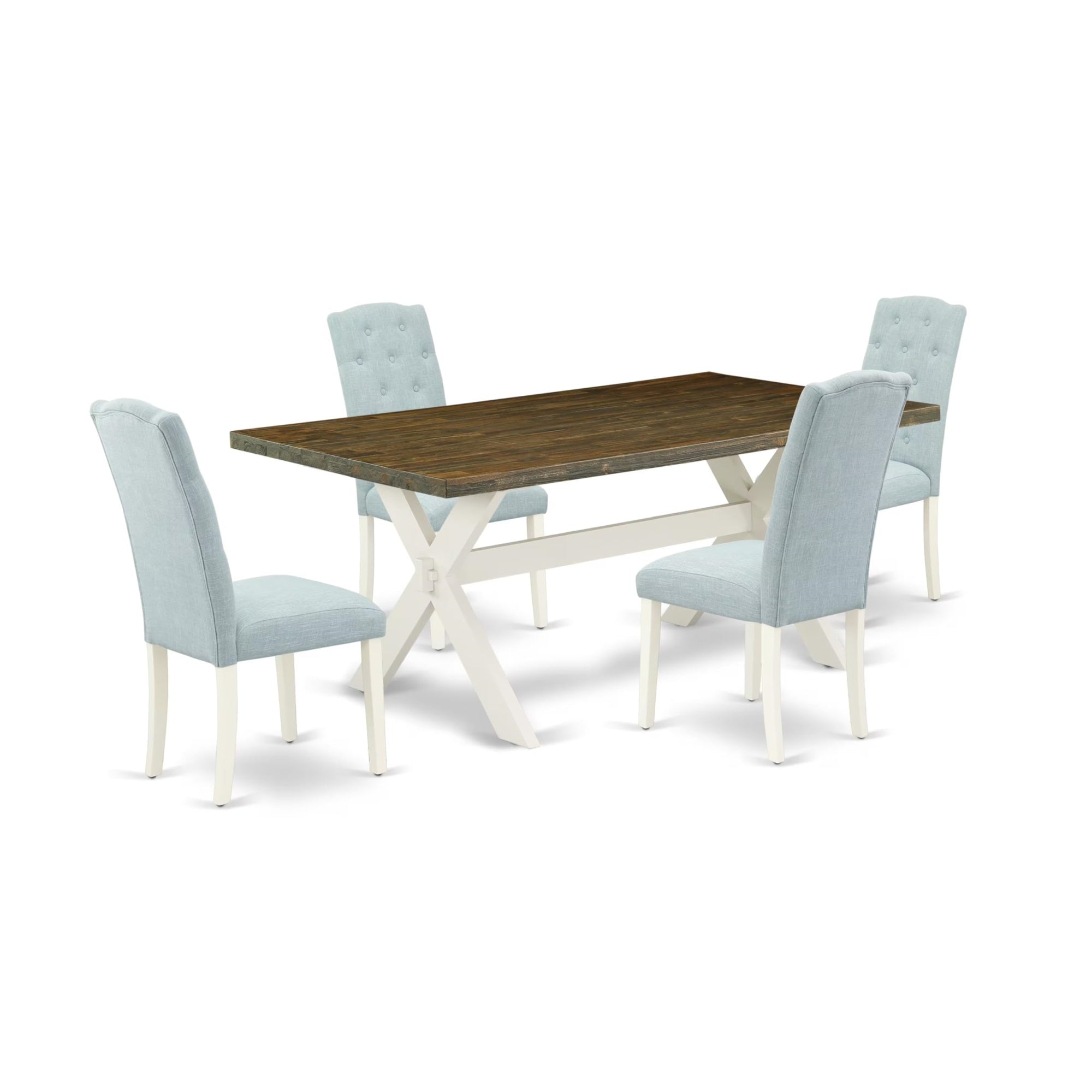 Casafoyer X077Ce215-5 5 Piece Dining Table Set For 4 Includes A Rectangle Kitchen Table With X-Legs And 4 Baby Blue Linen Fabric Parson Dining Chairs, 40X72 Inch, Multi-Color