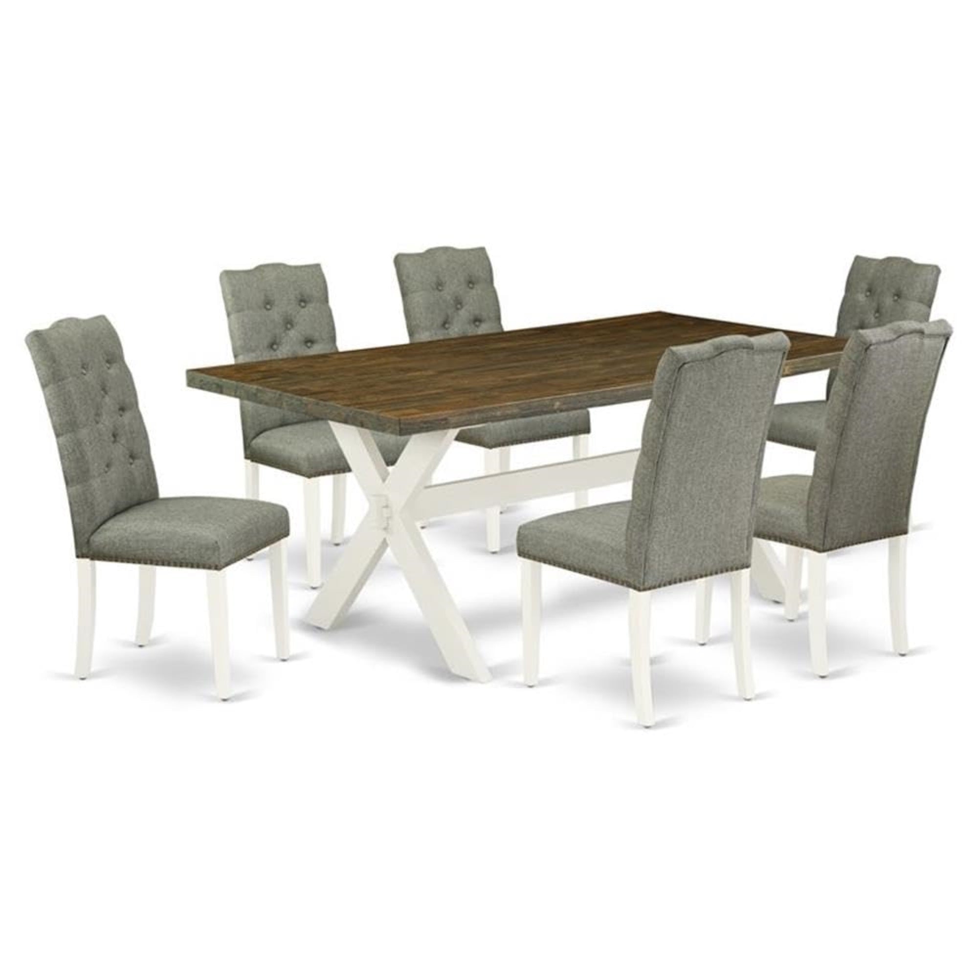 Casafoyer X077El207-7 7 Piece Dining Room Table Set Consist Of A Rectangle Dining Table With X-Legs And 6 Gray Linen Fabric Upholstered Parson Chairs, 40X72 Inch, Multi-Color