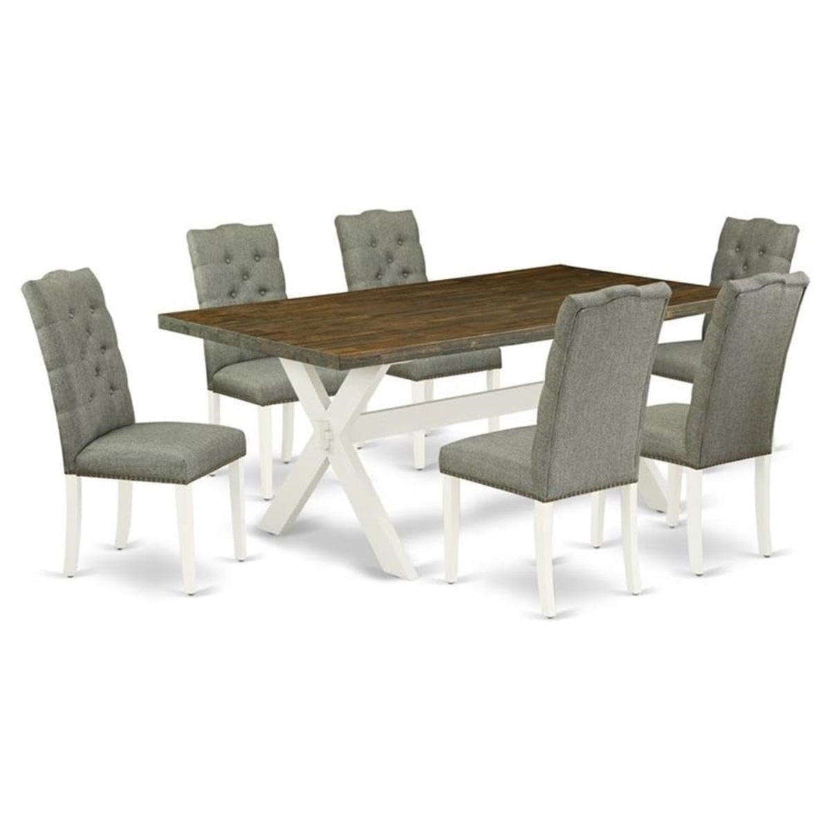Casafoyer X077El207-7 7 Piece Dining Room Table Set Consist Of A Rectangle Dining Table With X-Legs And 6 Gray Linen Fabric Upholstered Parson Chairs, 40X72 Inch, Multi-Color