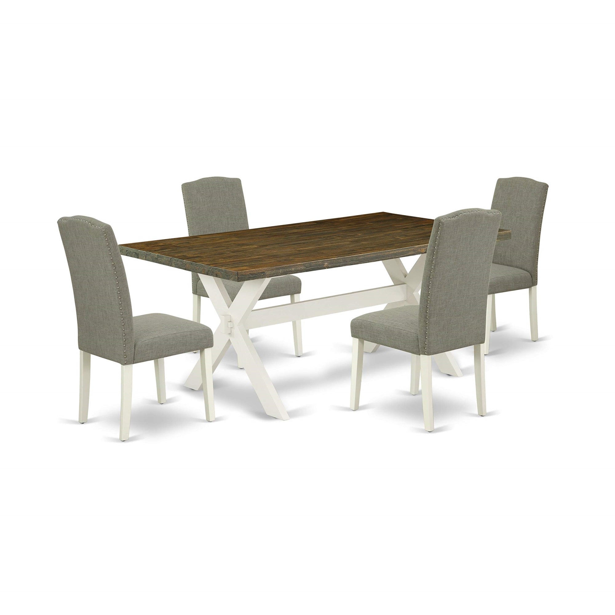 Ergode X077En206-5, 5-Piece Rectangular Dining Set, Table With X-Legs & 4 Dark Shitake Linen Chairs, Wire Brushed Linen White Finish, High-Quality Asian Wood, Easy Assembly, 40X72 Inch, Multi-Color