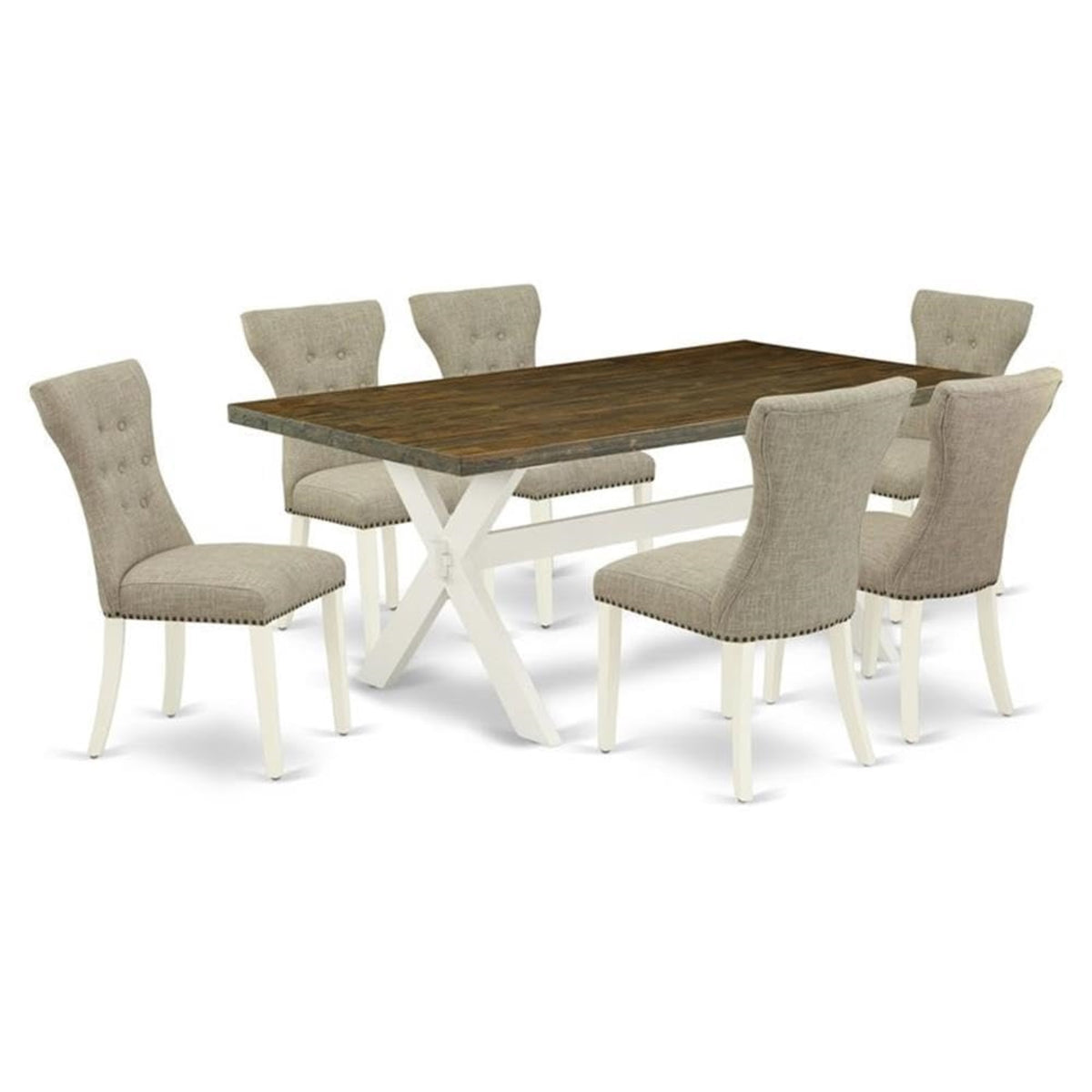Casafoyer X-Style 7 Piece Modern Set Consist Of A Rectangle Wooden Table With X-Legs And 6 Doeskin Linen Fabric Parsons Dining Chairs, X077Ga235-7, Multi-Color