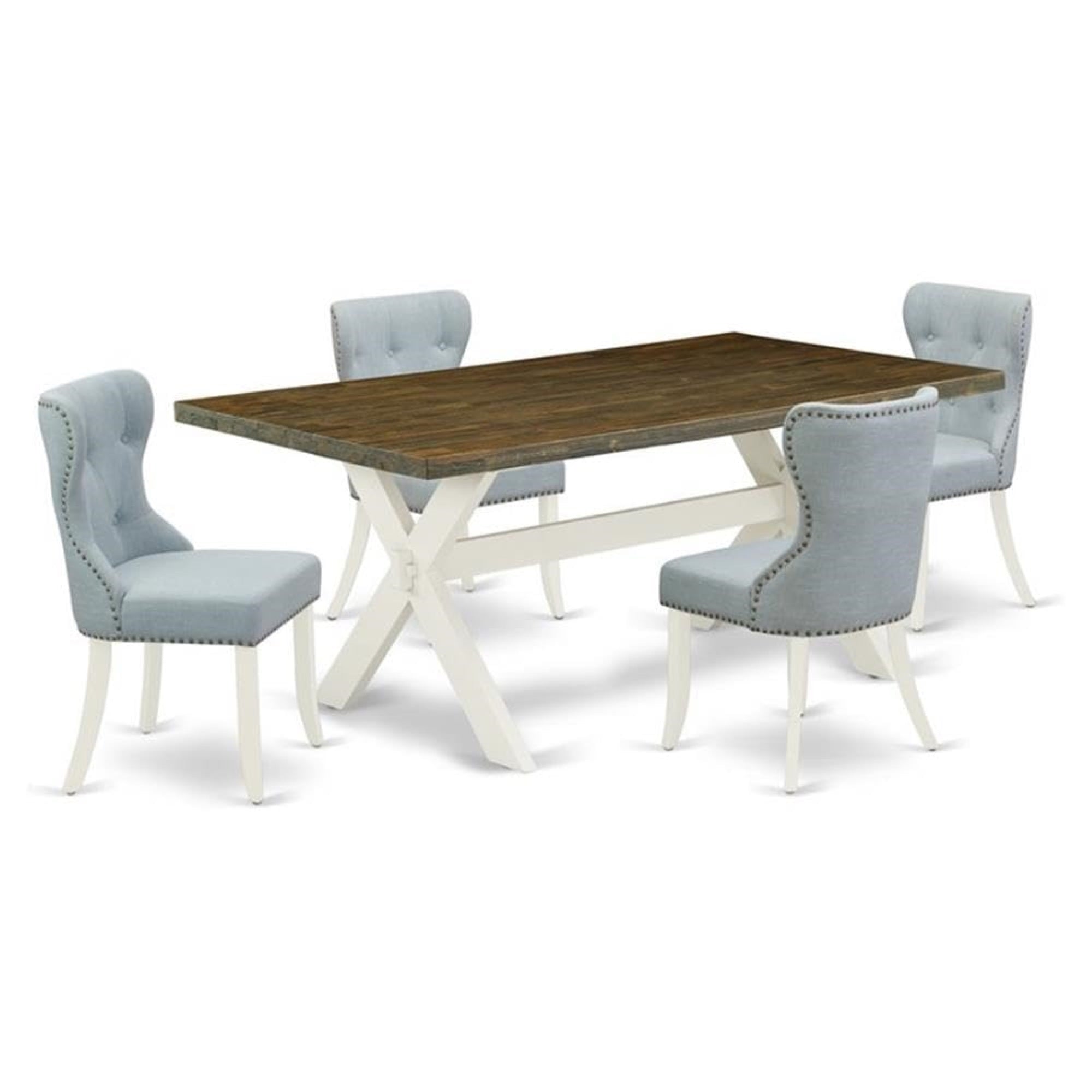 Casafoyer X077Si215-5 5 Piece Kitchen Table & Chairs Set Includes A Rectangle Dining Table With X-Legs And 4 Baby Blue Linen Fabric Parson Chairs, 40X72 Inch, Multi-Color