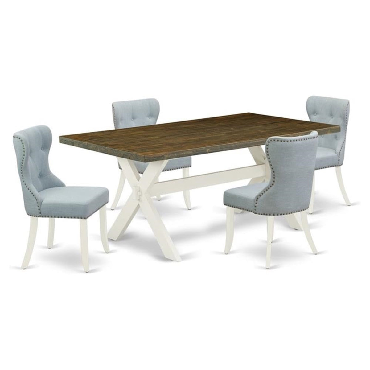 Casafoyer X077Si215-5 5 Piece Kitchen Table & Chairs Set Includes A Rectangle Dining Table With X-Legs And 4 Baby Blue Linen Fabric Parson Chairs, 40X72 Inch, Multi-Color